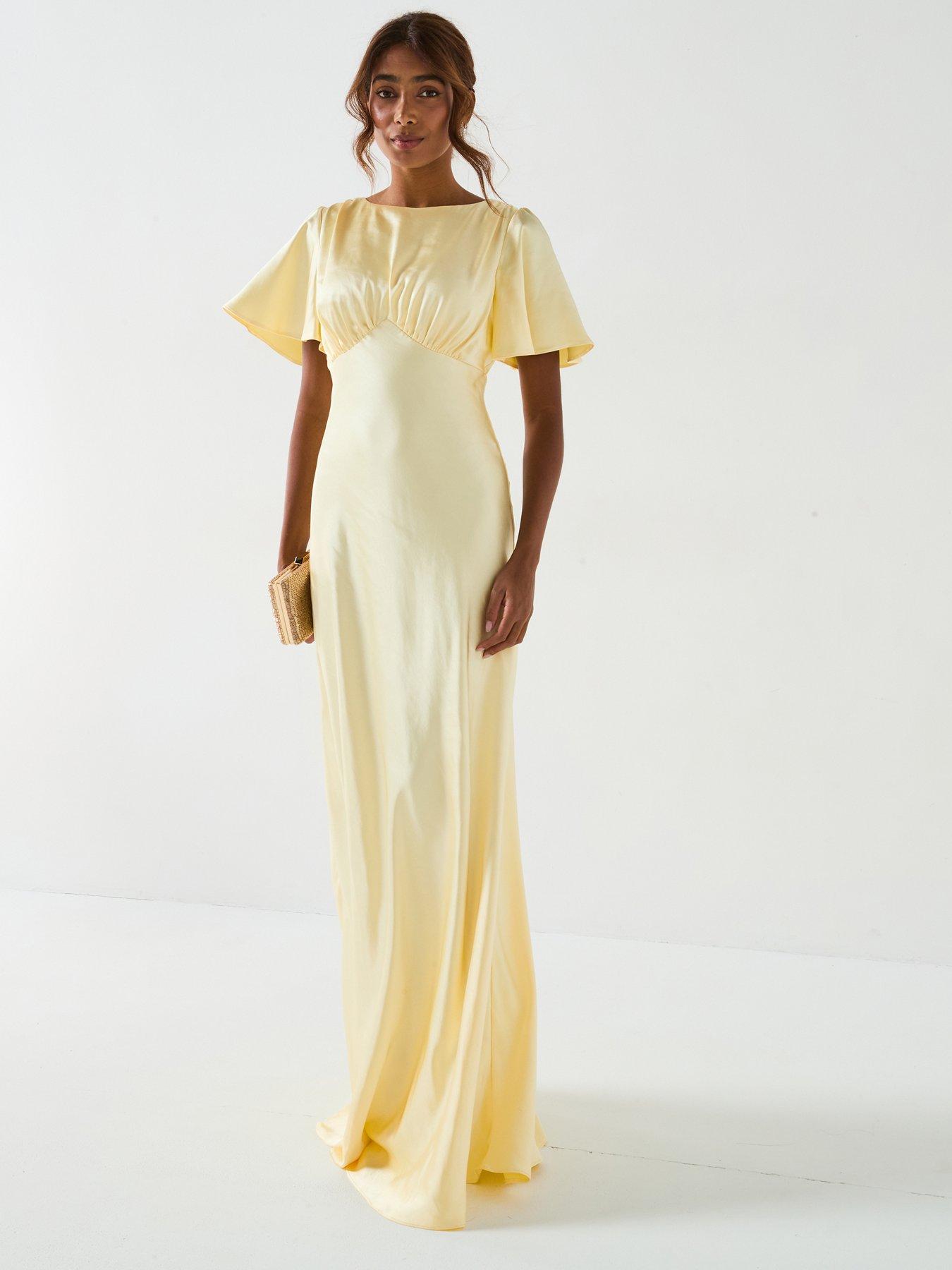 Six Stories Satin Flutter Sleeve Bias Cut Bridesmaid Dress - Lemon