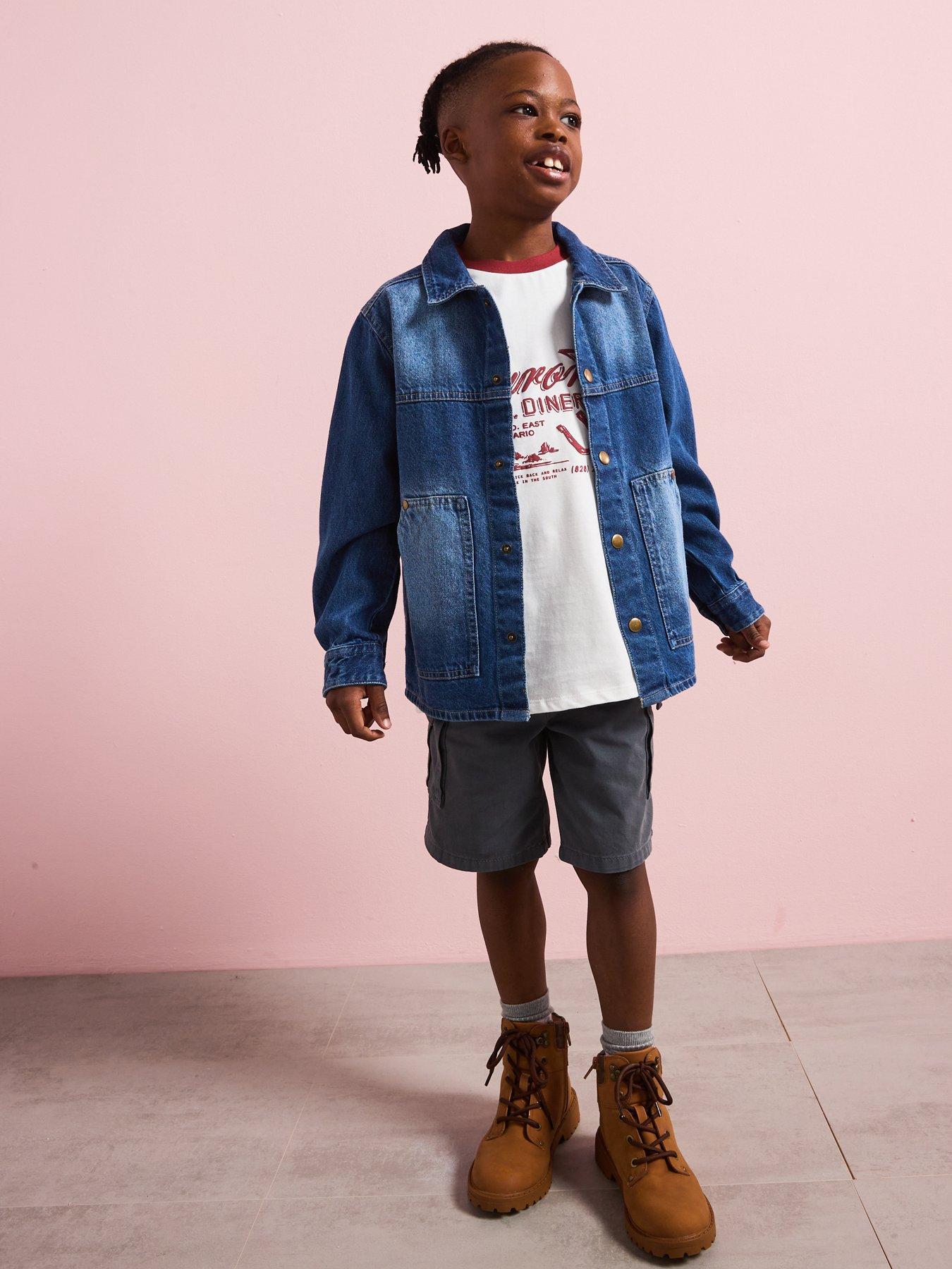 undefined River Island Boys Denim Shacket T-shirt Set - Blue/cream