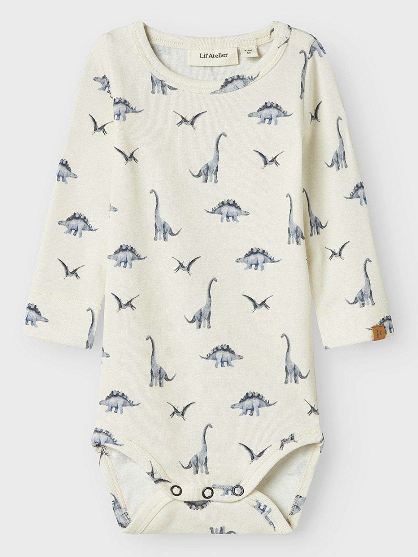 Image 1 of 4 of Lil Atelier Baby Boys Dino Print Long Sleeved Bodysuit - Turtledove Dino