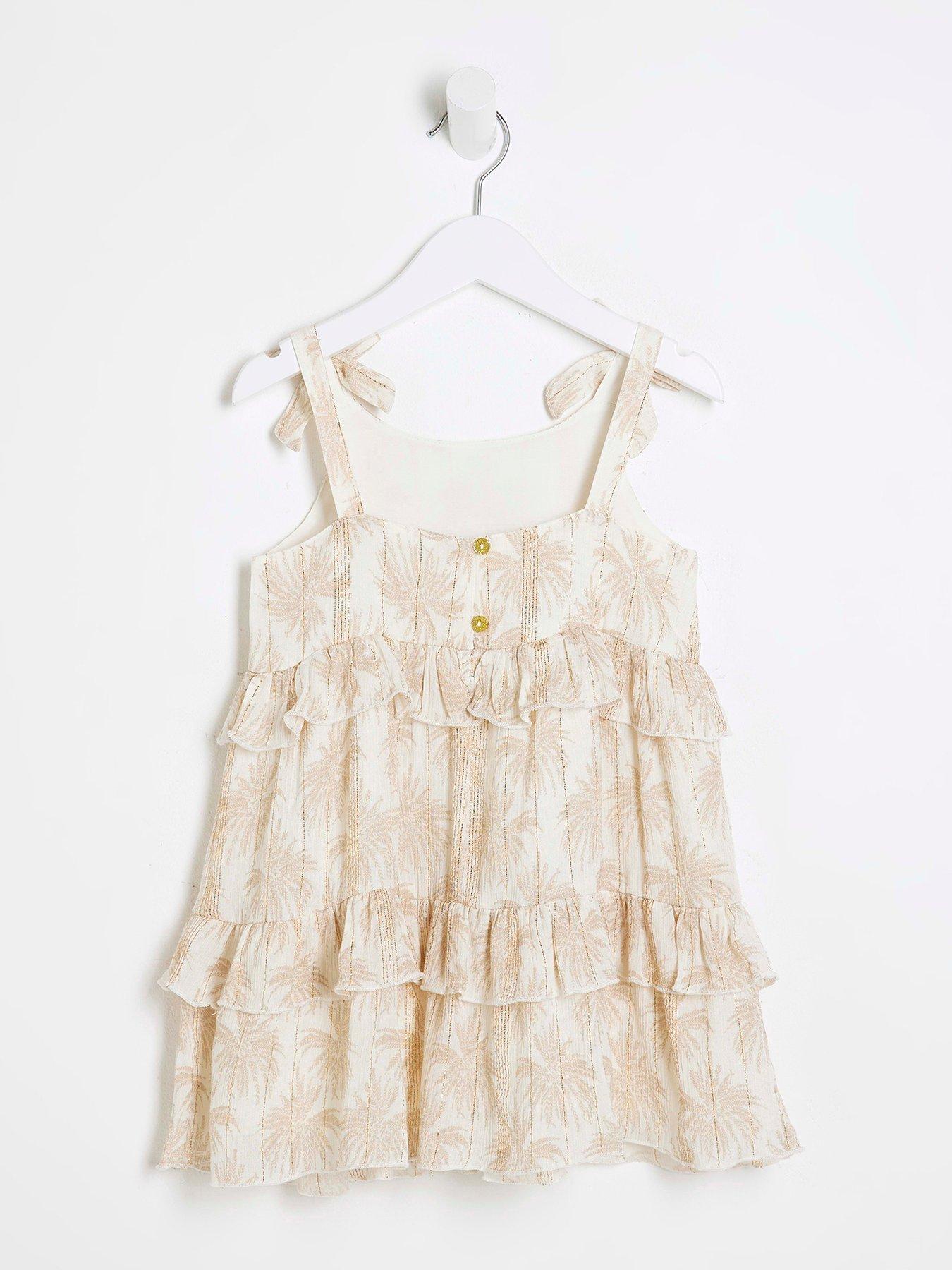 Image 2 of 4 of River Island Mini Mini Girls Shimmer Palm Beach Dress - Cream