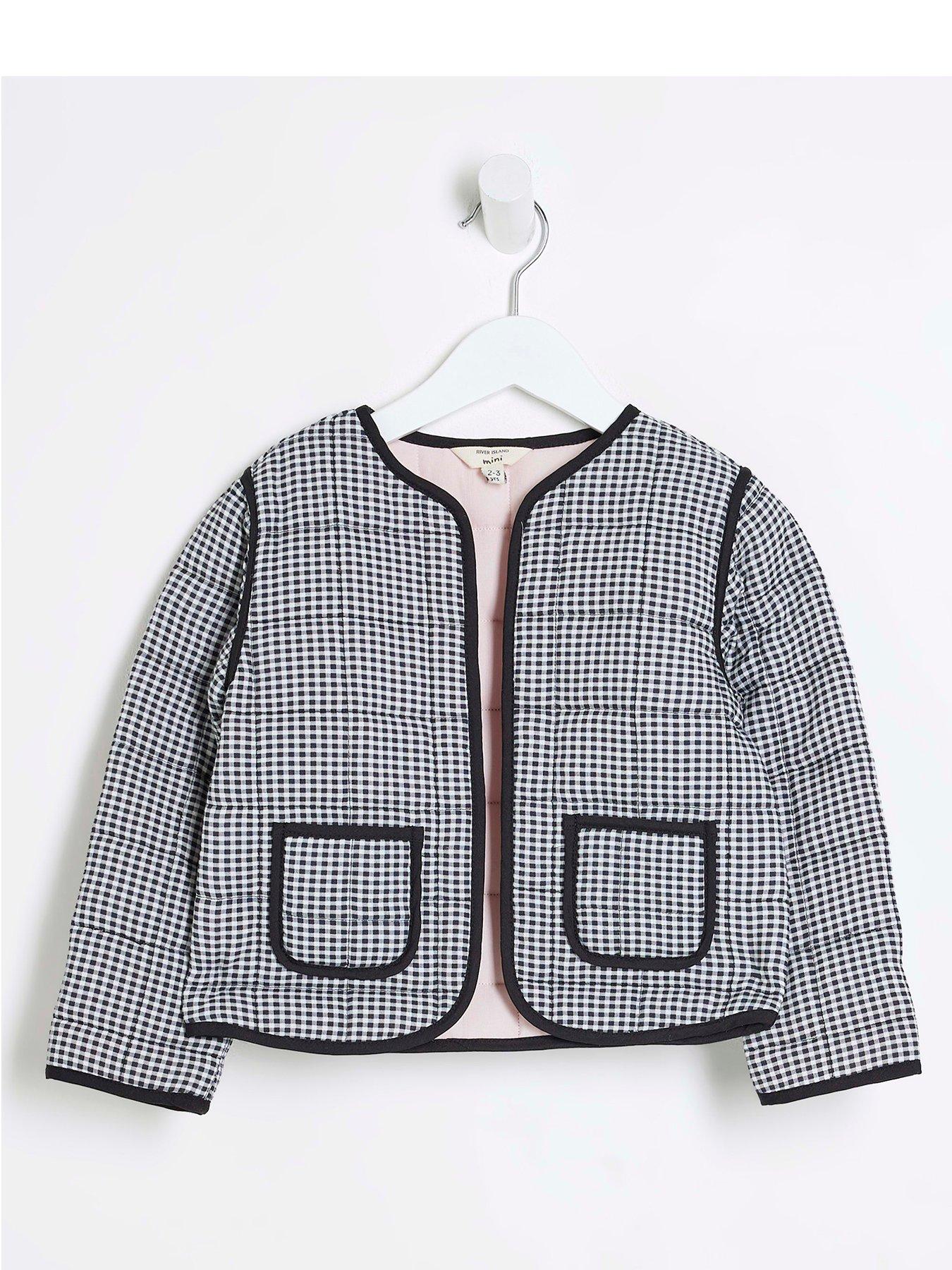 Image 1 of 4 of River Island Mini Mini Girls Gingham Quilted Jacket - Black