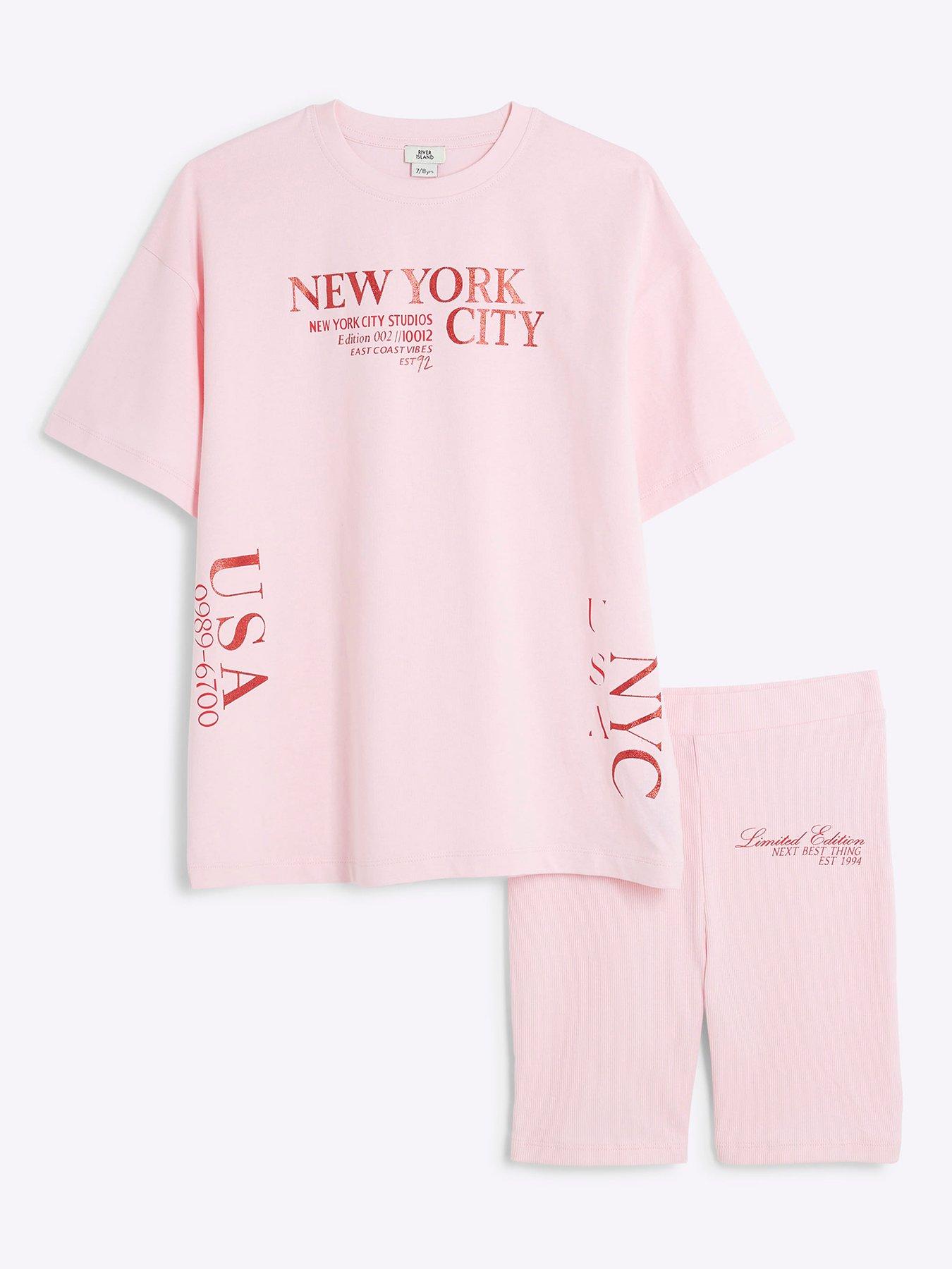 Image 1 of 5 of River Island Older Girls New York Top And Shorts Set - Light Pink