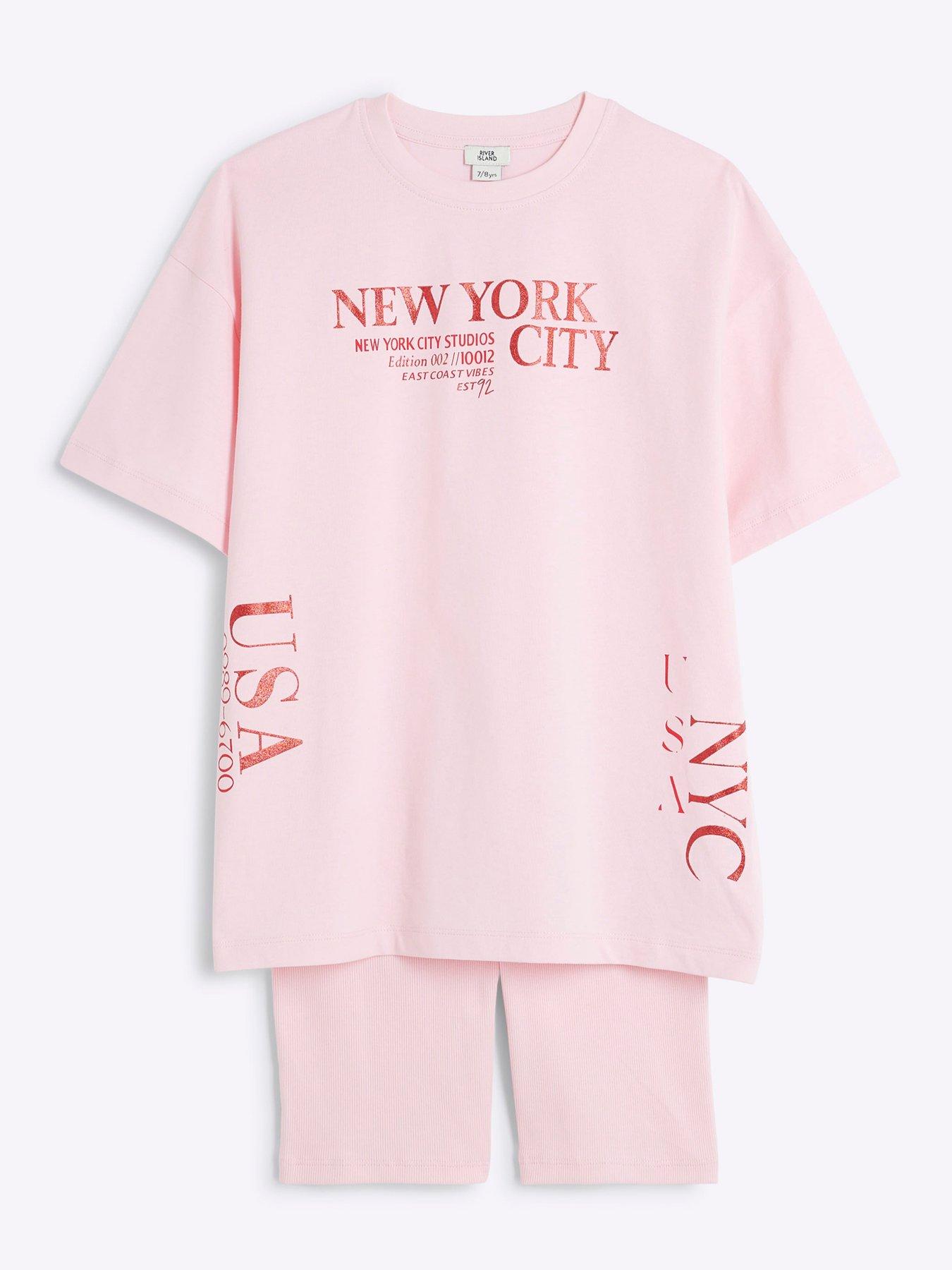 Image 2 of 5 of River Island Older Girls New York Top And Shorts Set - Light Pink