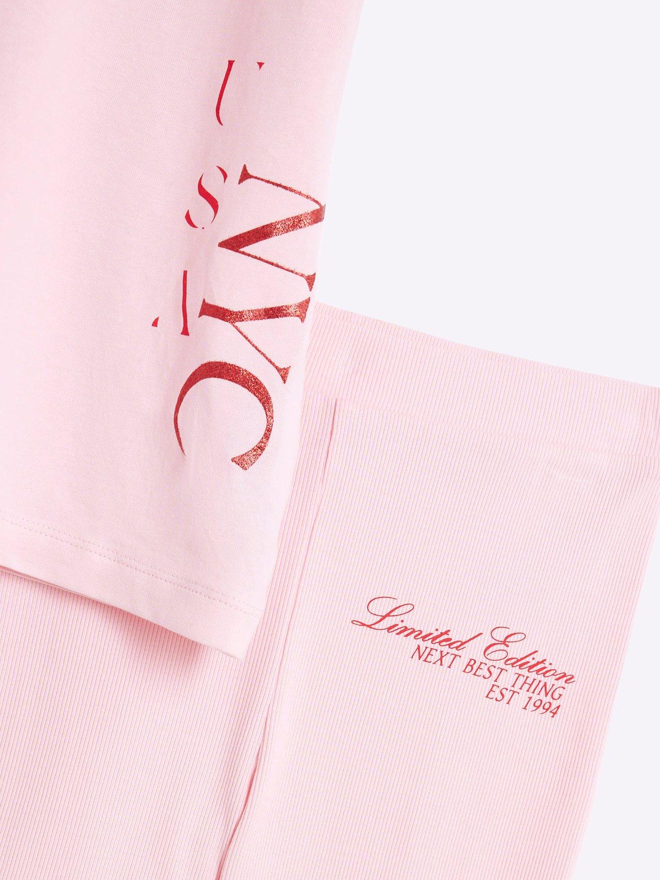 Image 4 of 5 of River Island Older Girls New York Top And Shorts Set - Light Pink
