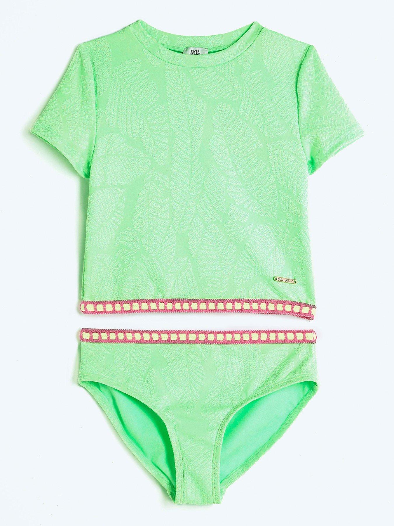Image 1 of 4 of River Island Girls Textured T-shirt Bikini Set - Lime Green