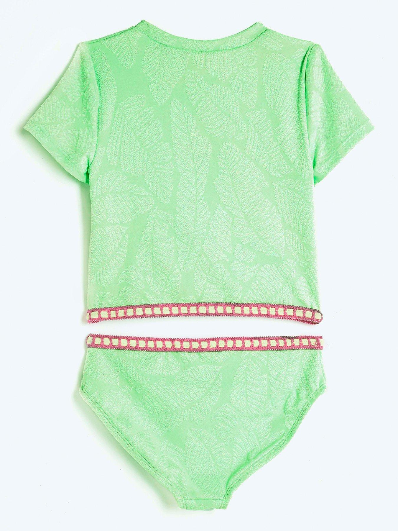 Image 2 of 4 of River Island Girls Textured T-shirt Bikini Set - Lime Green