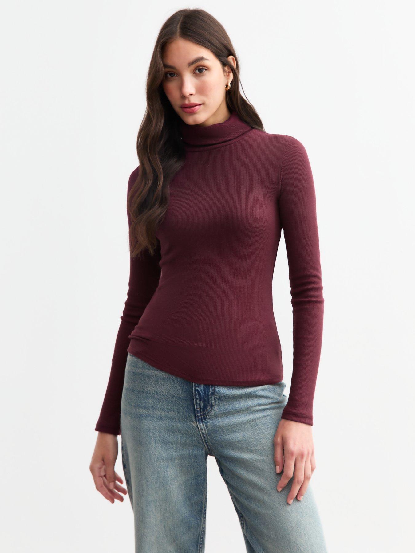 new-look-burgundy-rib-roll-neck-top