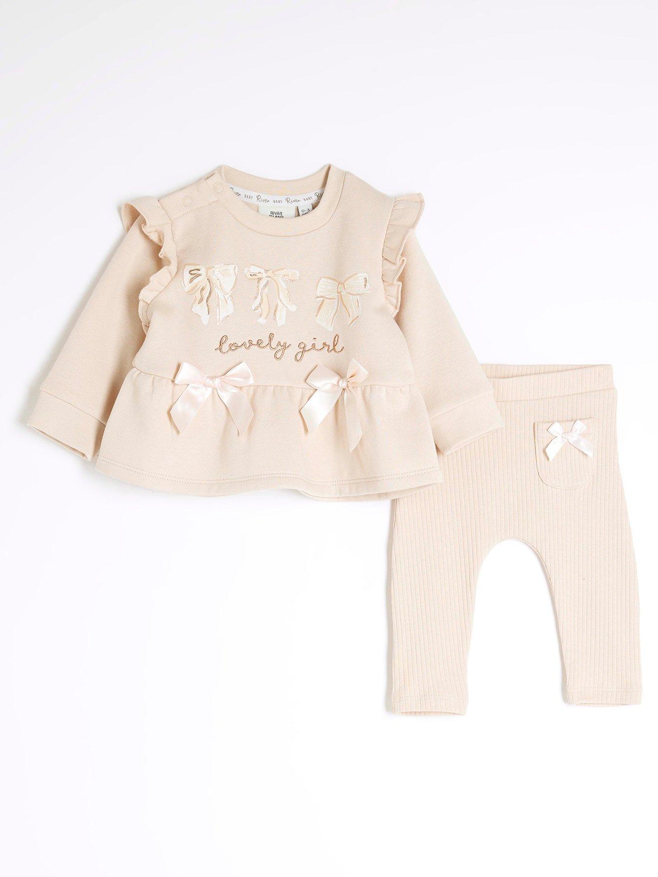 Image 1 of 4 of River Island Baby Baby Girls Peplum Sweatshirt Set - Beige
