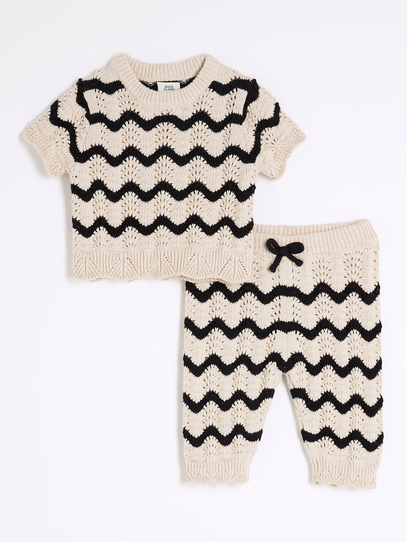 Image 1 of 5 of River Island Baby Baby Girls Striped Crochet Top Set - Black