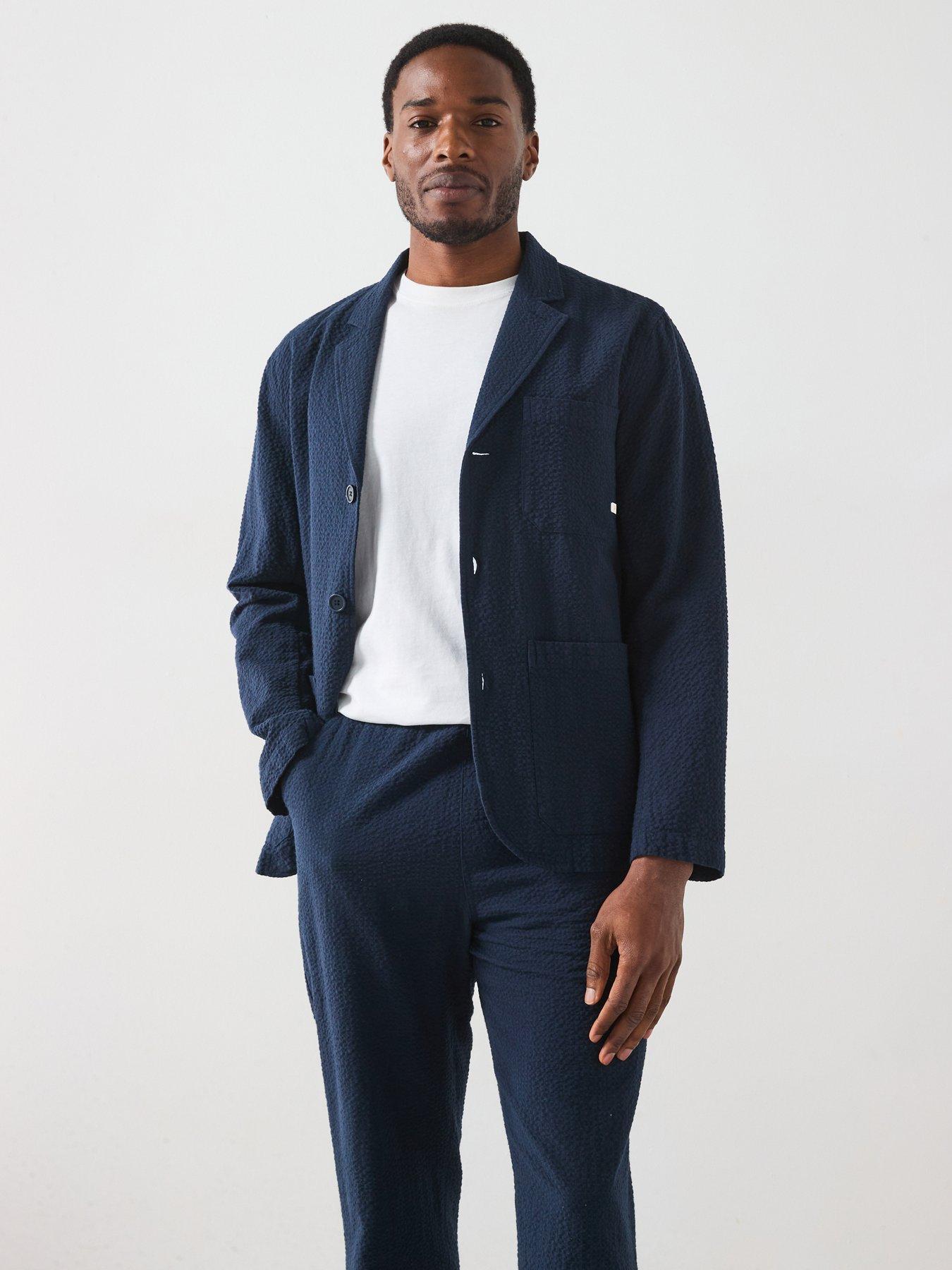 undefined Farah Habersham Seersucker Regular Fit Blazer Jacket -Navy