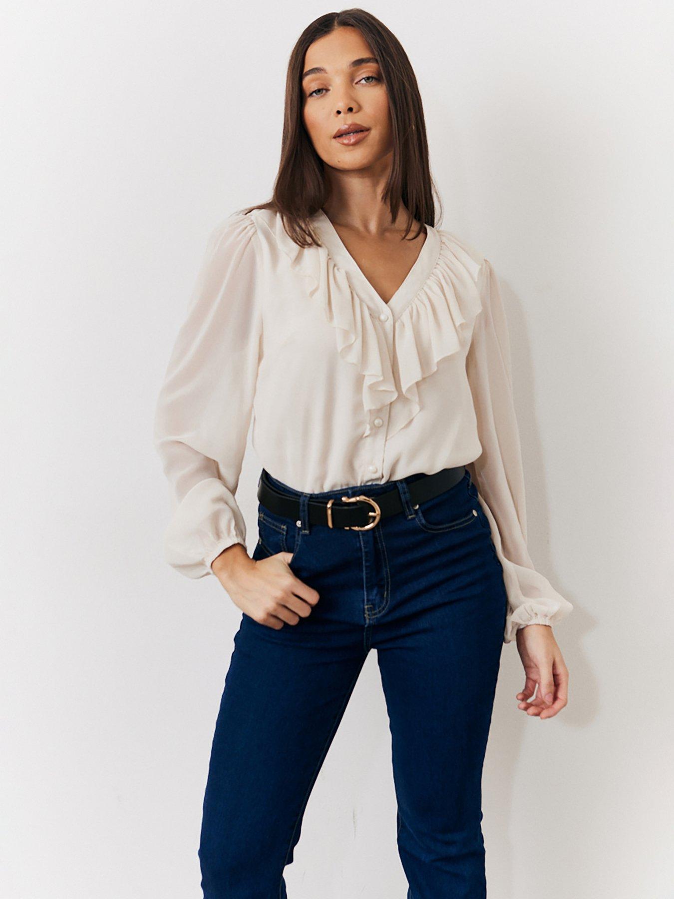 Image 1 of 4 of In The Style Button Frill Bodysuit - Cream