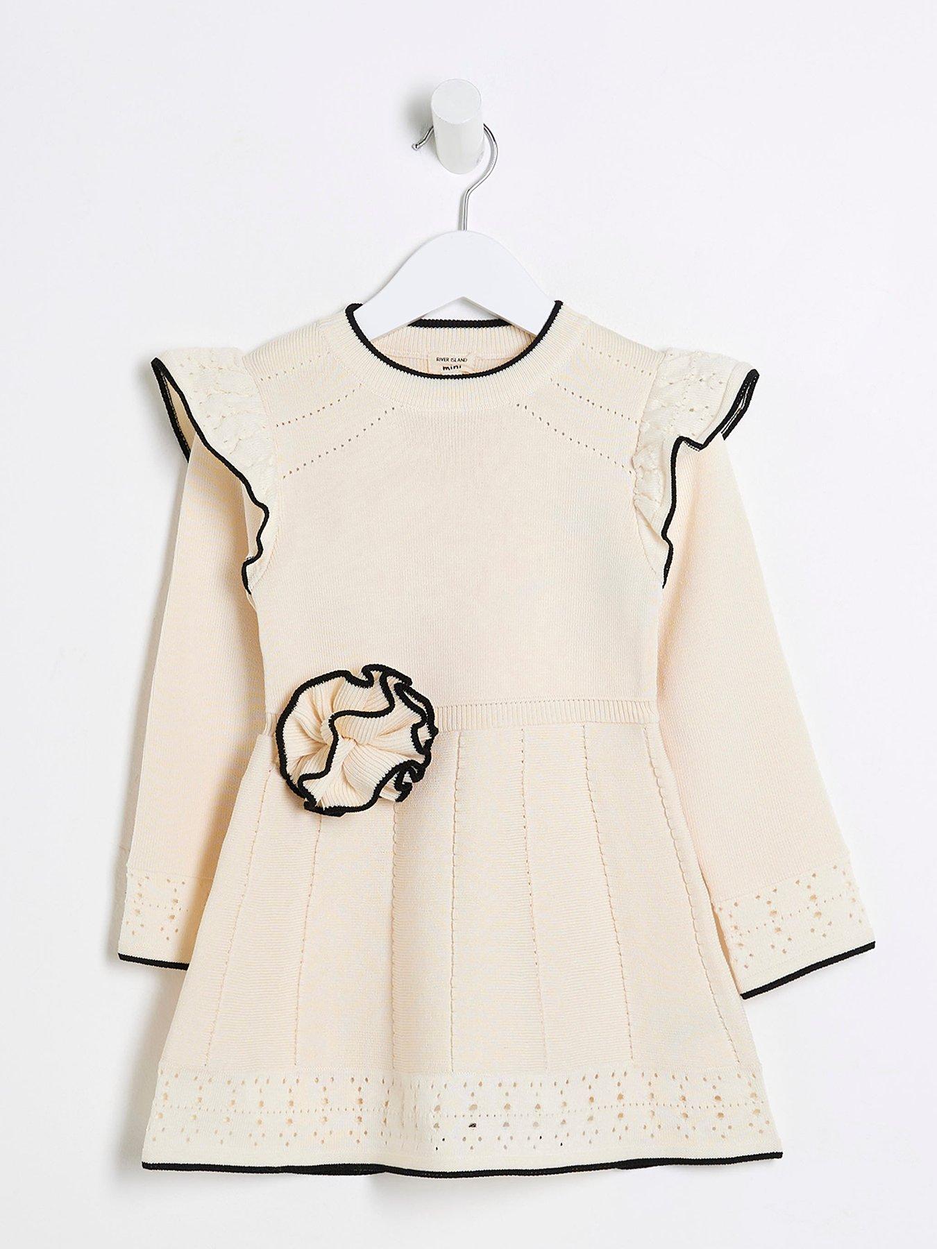 Image 1 of 4 of River Island Mini Mini Girls Flower Corsage Knit Dress - Cream