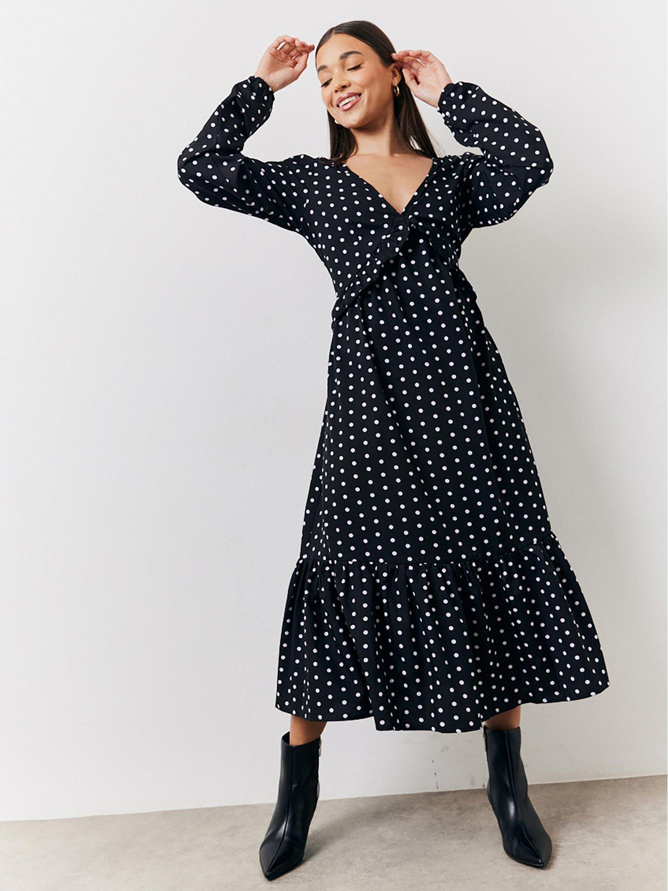 Image 1 of 4 of In The Style Polka Dot Frill Detail Midaxi Dress - Black