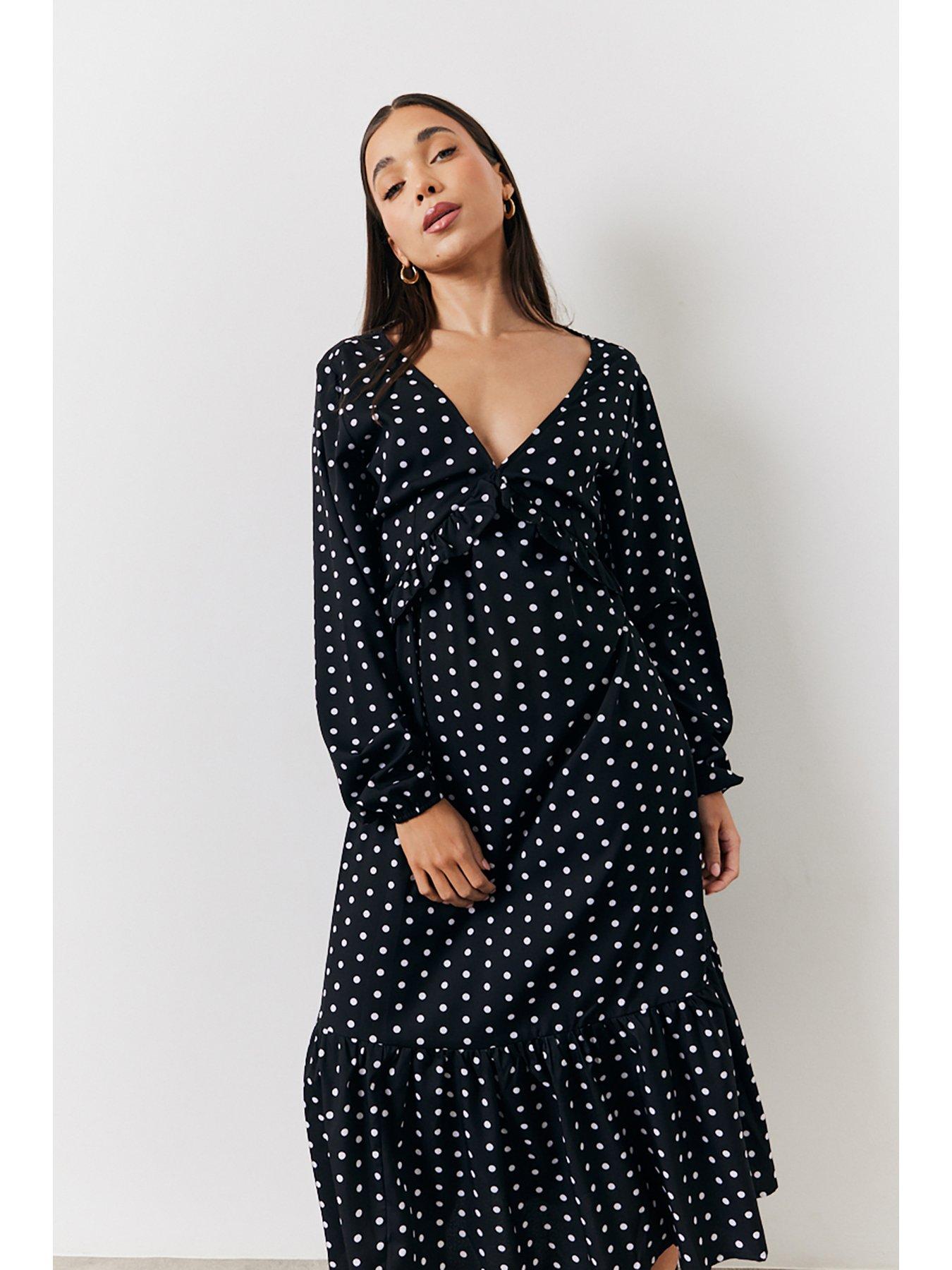Image 3 of 4 of In The Style Polka Dot Frill Detail Midaxi Dress - Black
