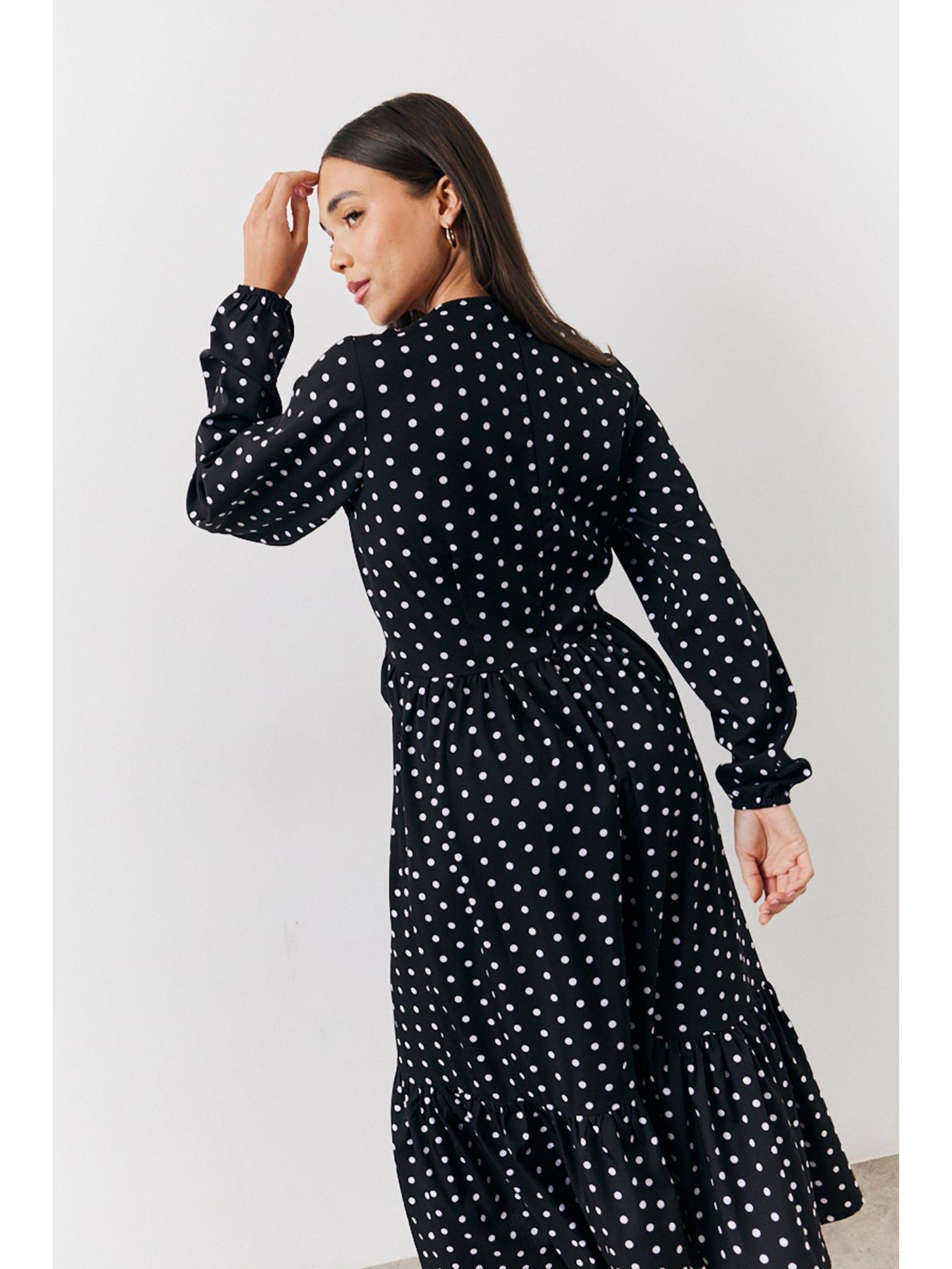 Image 4 of 4 of In The Style Polka Dot Frill Detail Midaxi Dress - Black