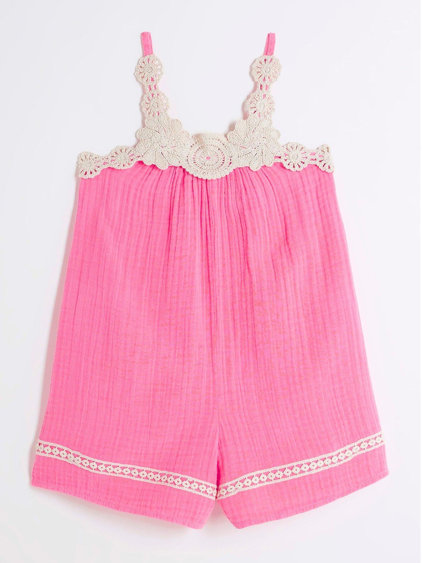 Image 1 of 4 of River Island Girls Crochet Trim Beach Playsuit - Bright Pink