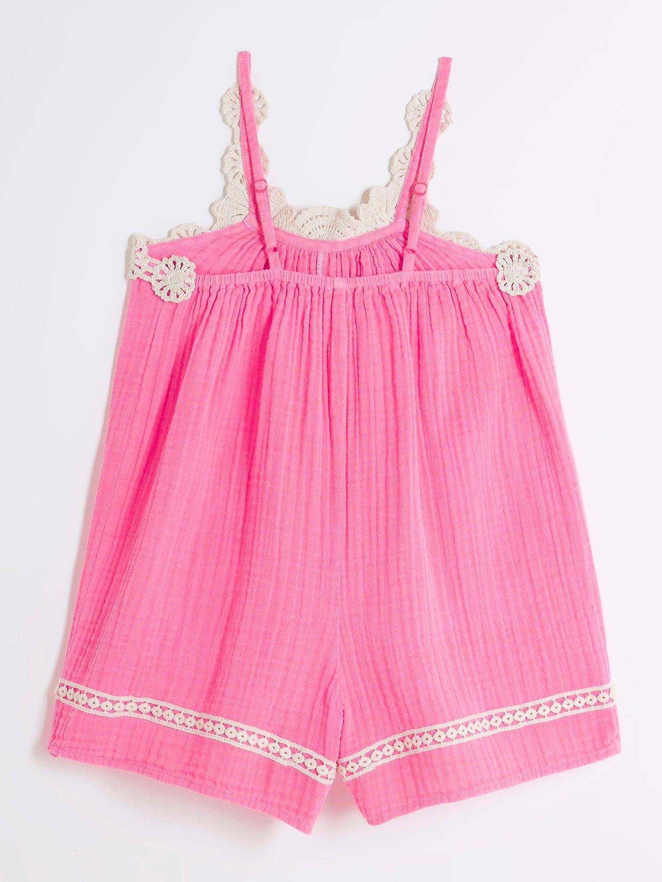 Image 2 of 4 of River Island Girls Crochet Trim Beach Playsuit - Bright Pink
