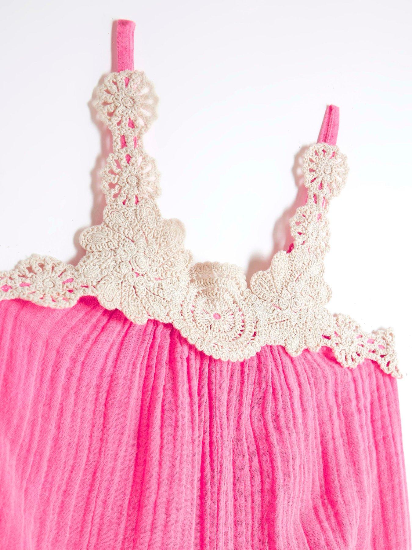 Image 3 of 4 of River Island Girls Crochet Trim Beach Playsuit - Bright Pink