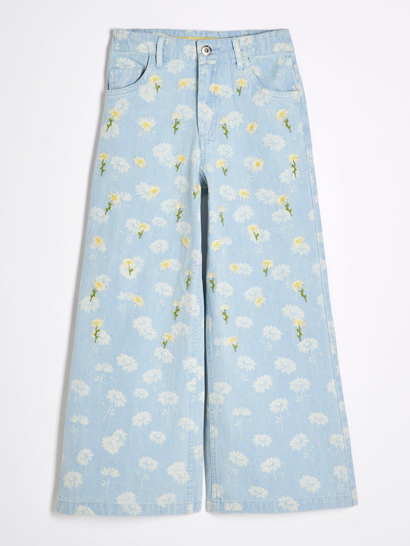 Image of River Island Older Girls Denim Daisy Floral Wide Leg Jeans  - Blue