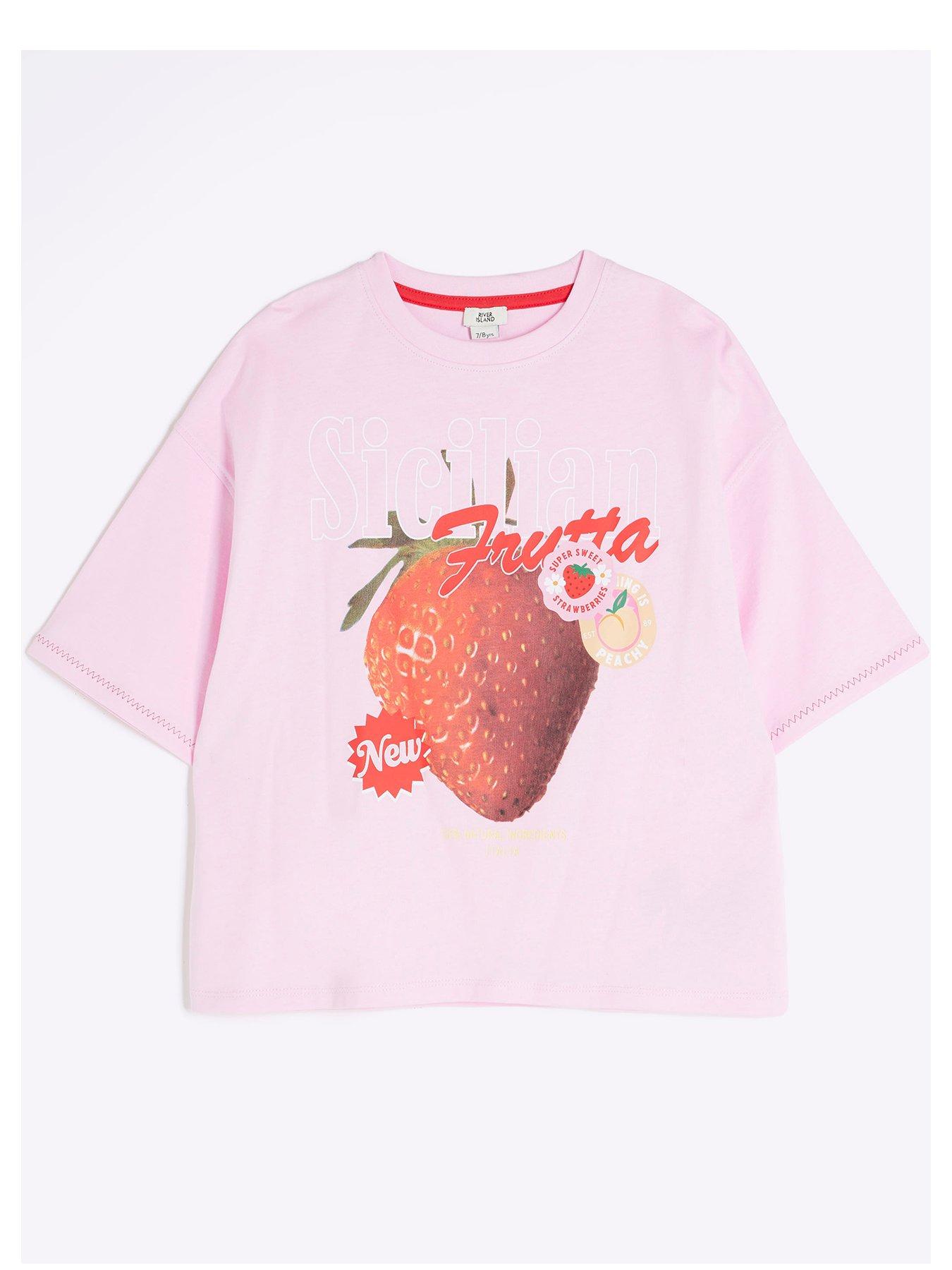Image 1 of 4 of River Island Girls Strawberry Boxy T-Shirt - Pink