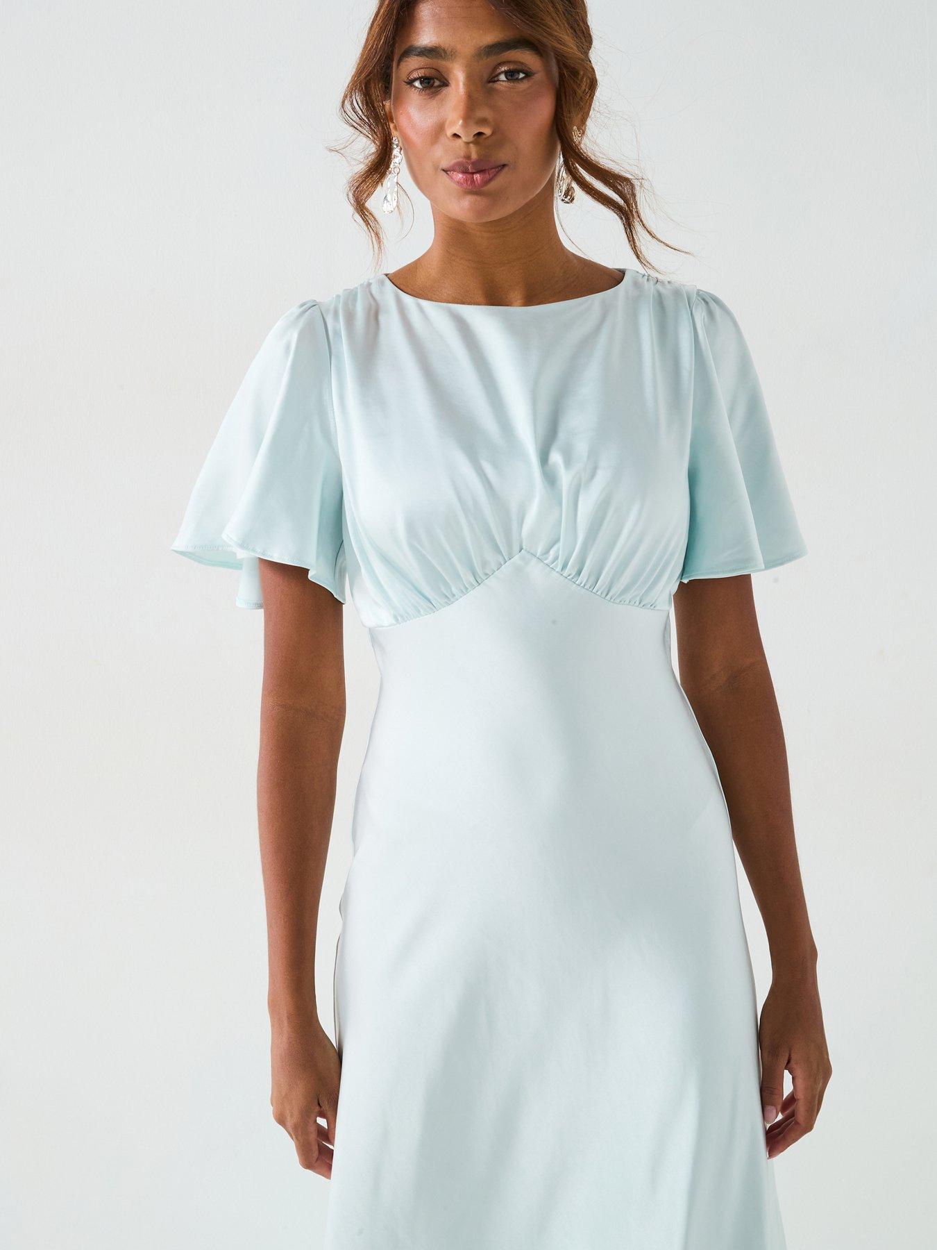 princess polly baby blue dress Six Stories Satin Floaty Sleeve Detail Bridesmaid Dress - Ice Blue