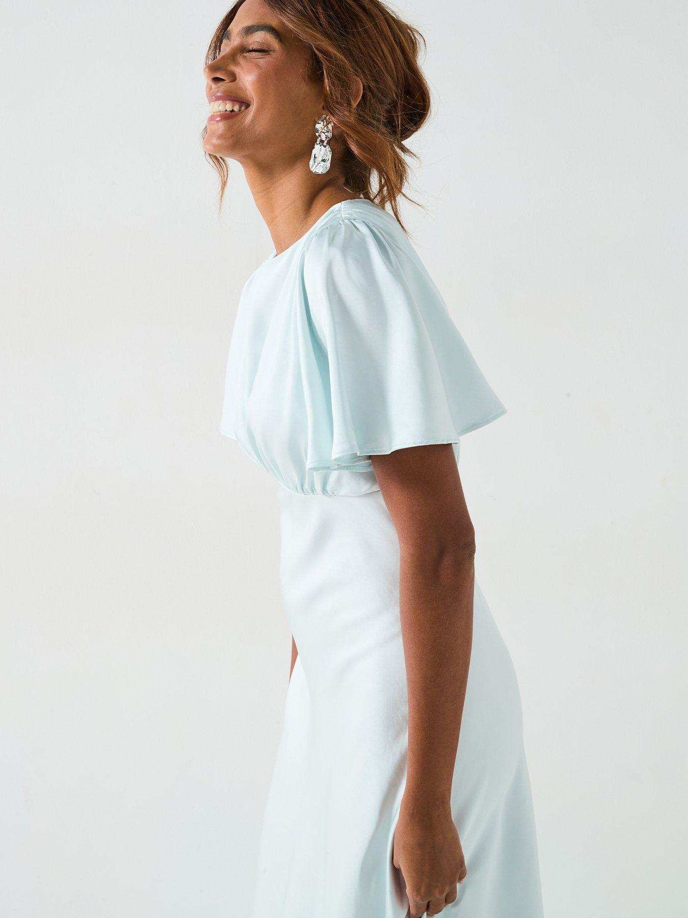 Six Stories Satin Floaty Sleeve Detail Bridesmaid Dress - Ice Blue | Very  Ireland
