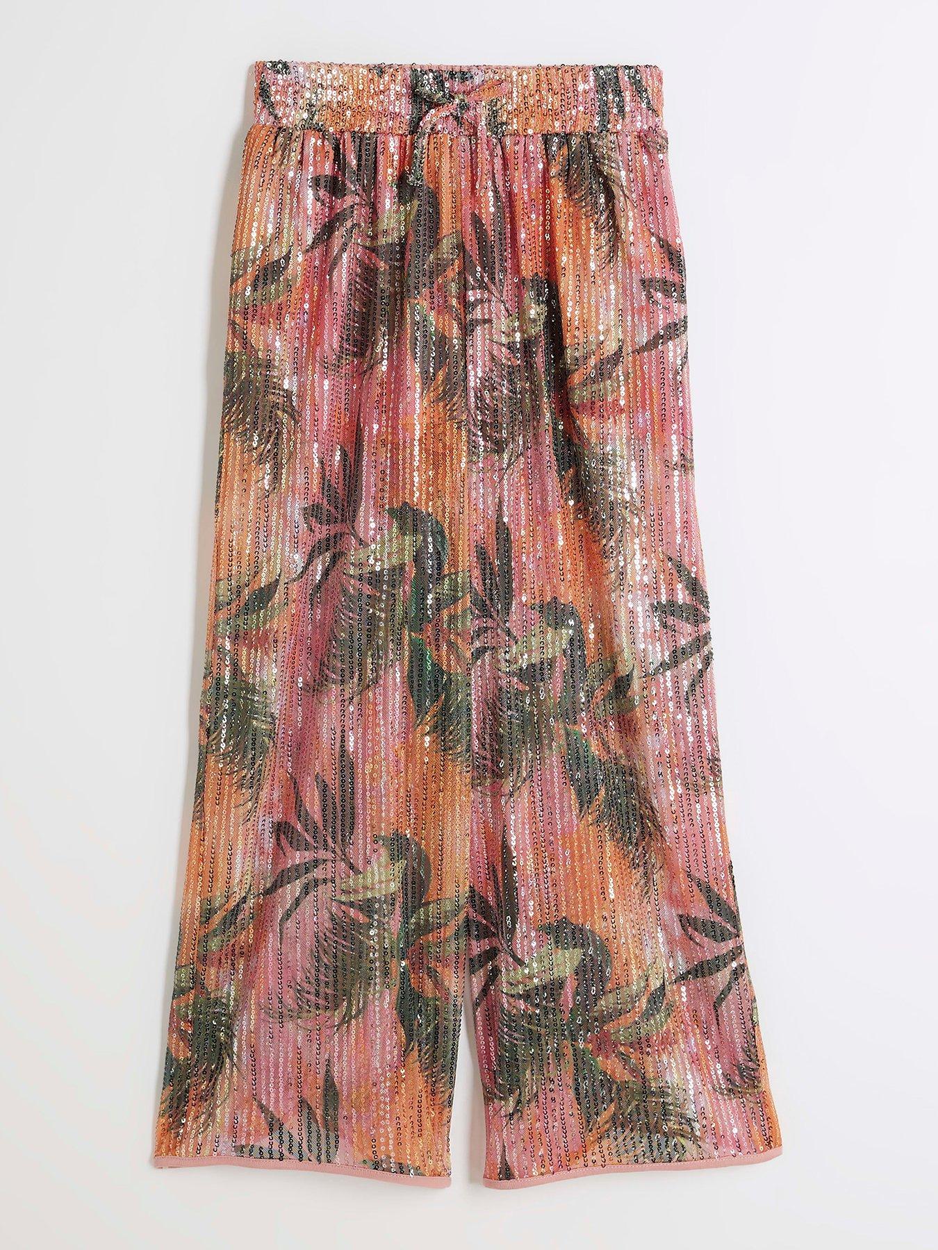 Image of River Island Girls Palm Tree Sequin Trousers - Pink