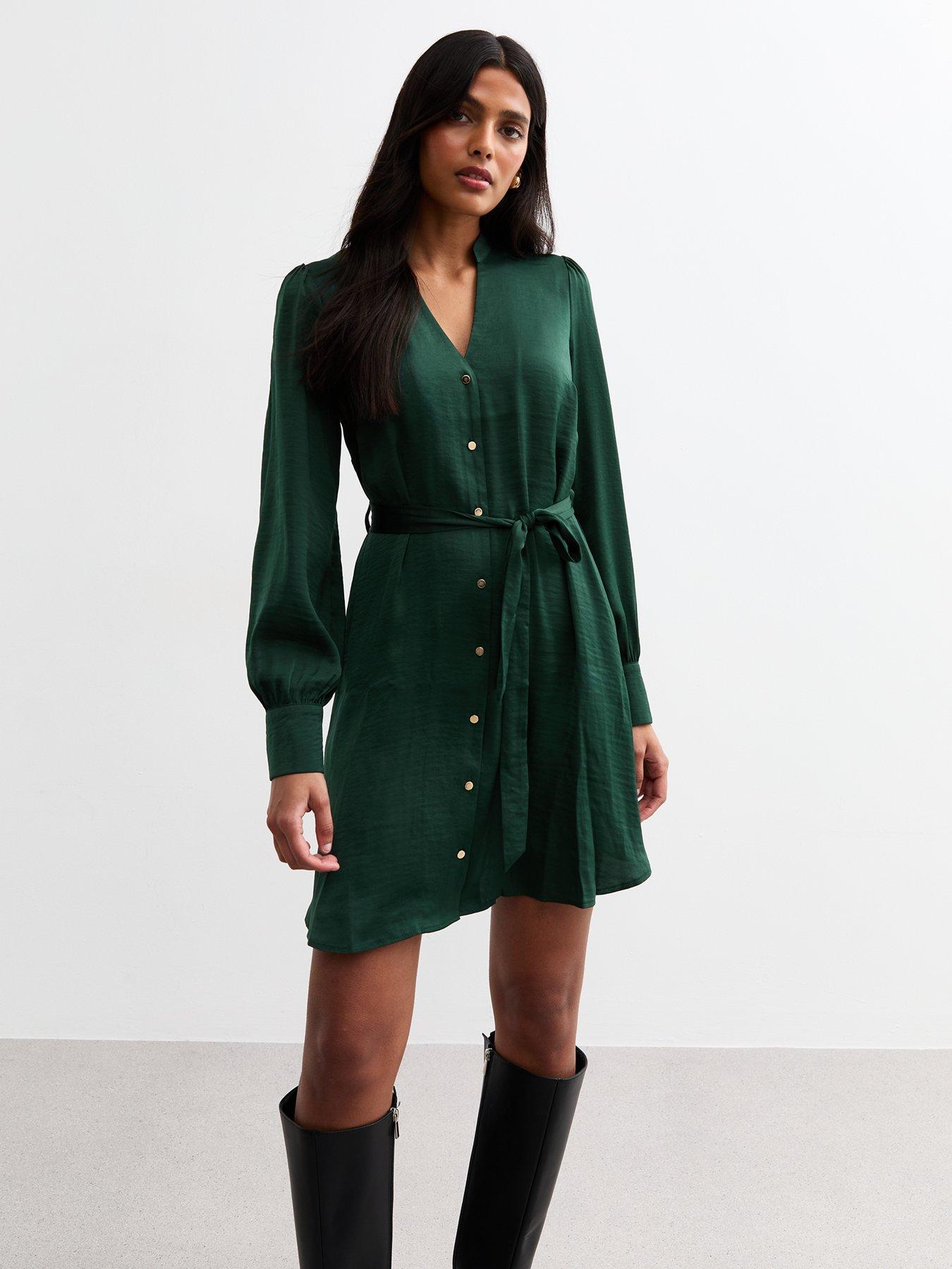 new-look-dark-green-v-neck-satin-mini-dress