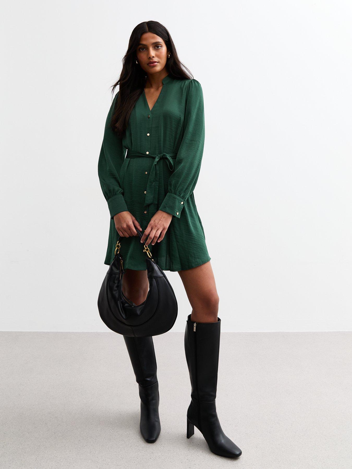 new-look-dark-green-v-neck-satin-mini-dressback