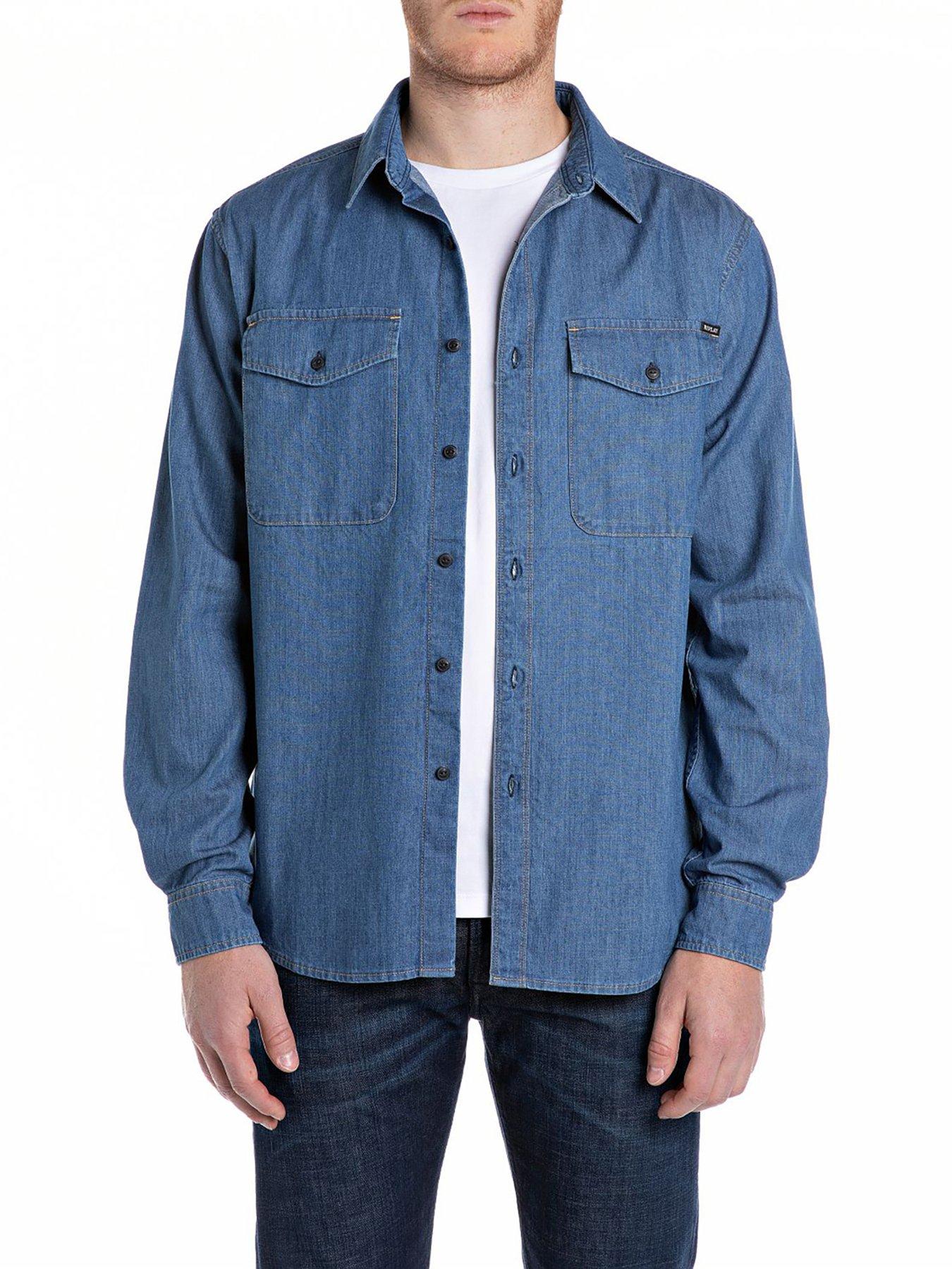 Image of Replay Replay Double Pocket Denim Shirt- Blue