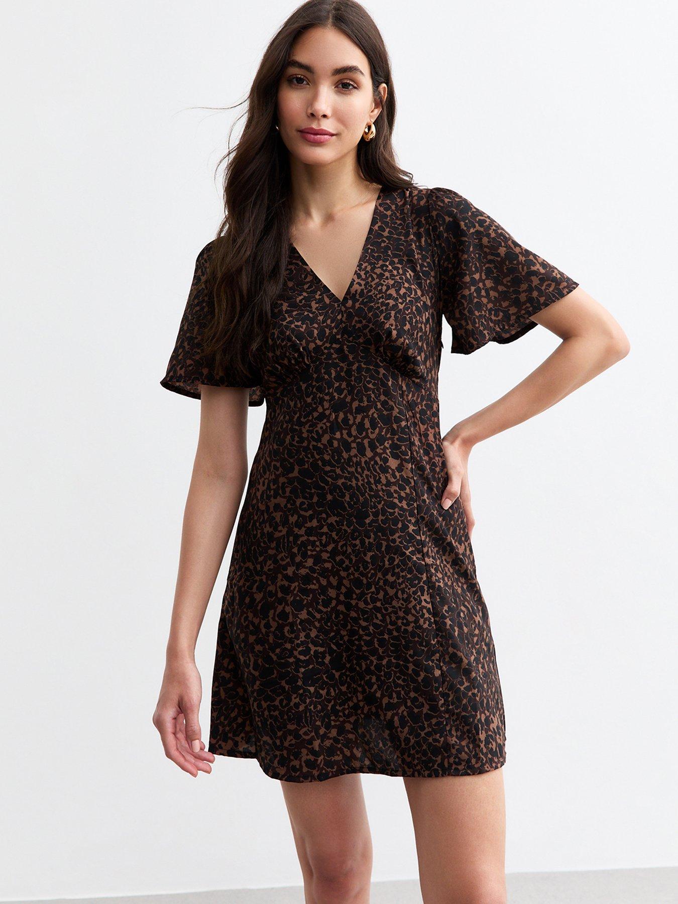 new-look-print-flutter-sleeve-v-neck-mini-brown