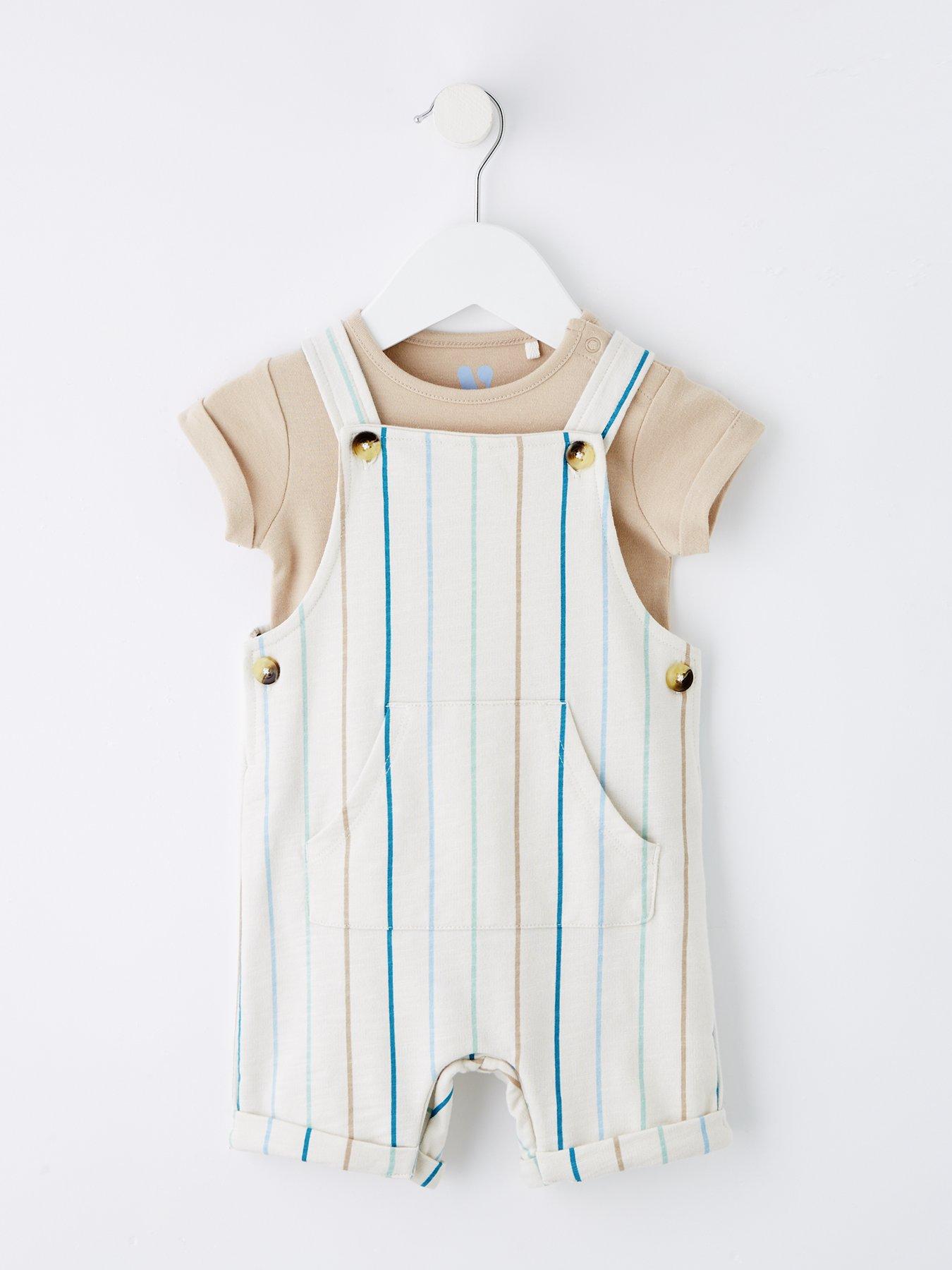 Image 1 of 5 of Mini V by Very Striped Dungaree and Bodysuit - White