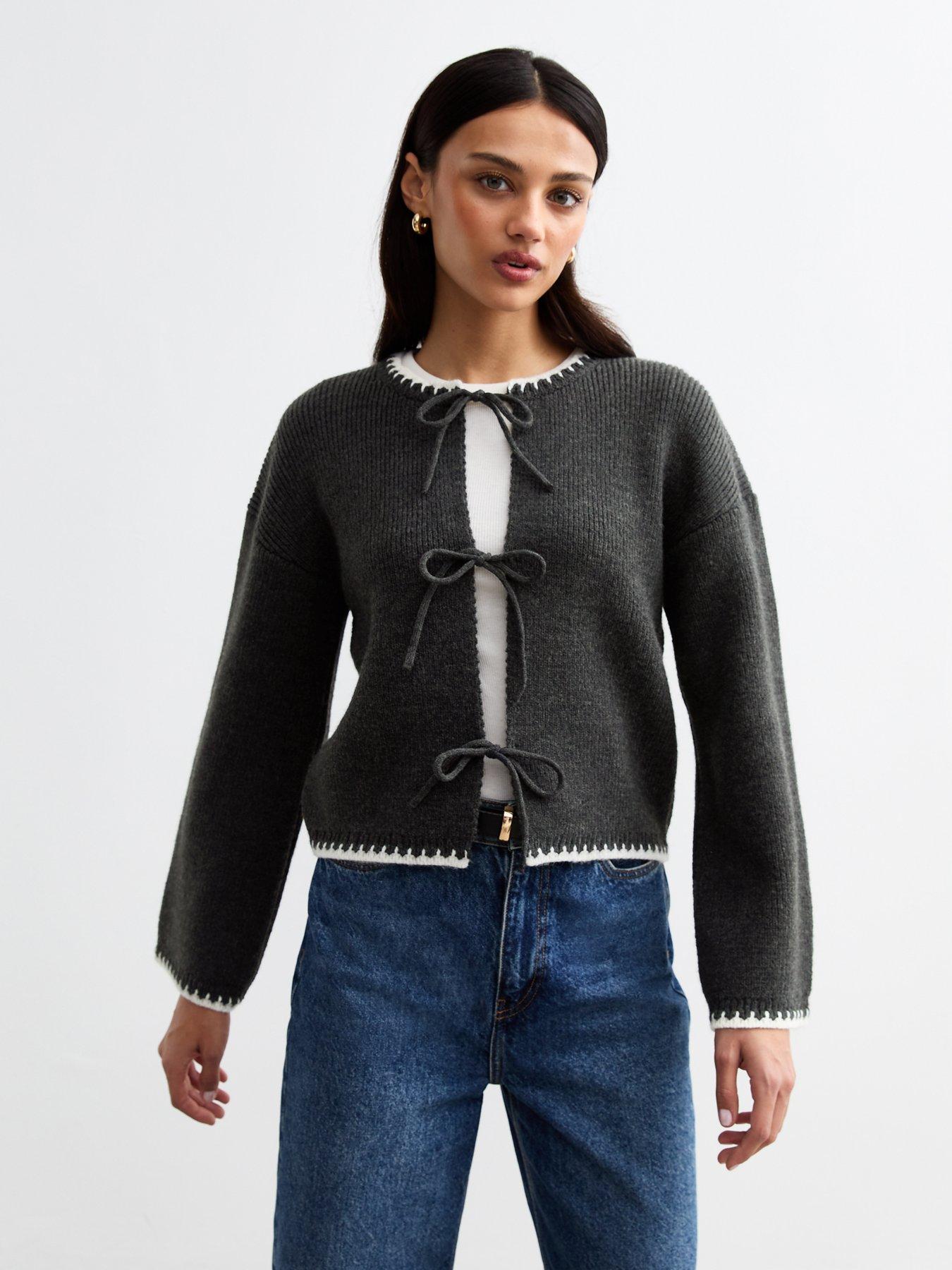 undefined Grey Tie Front Contrast Trim Cardigan