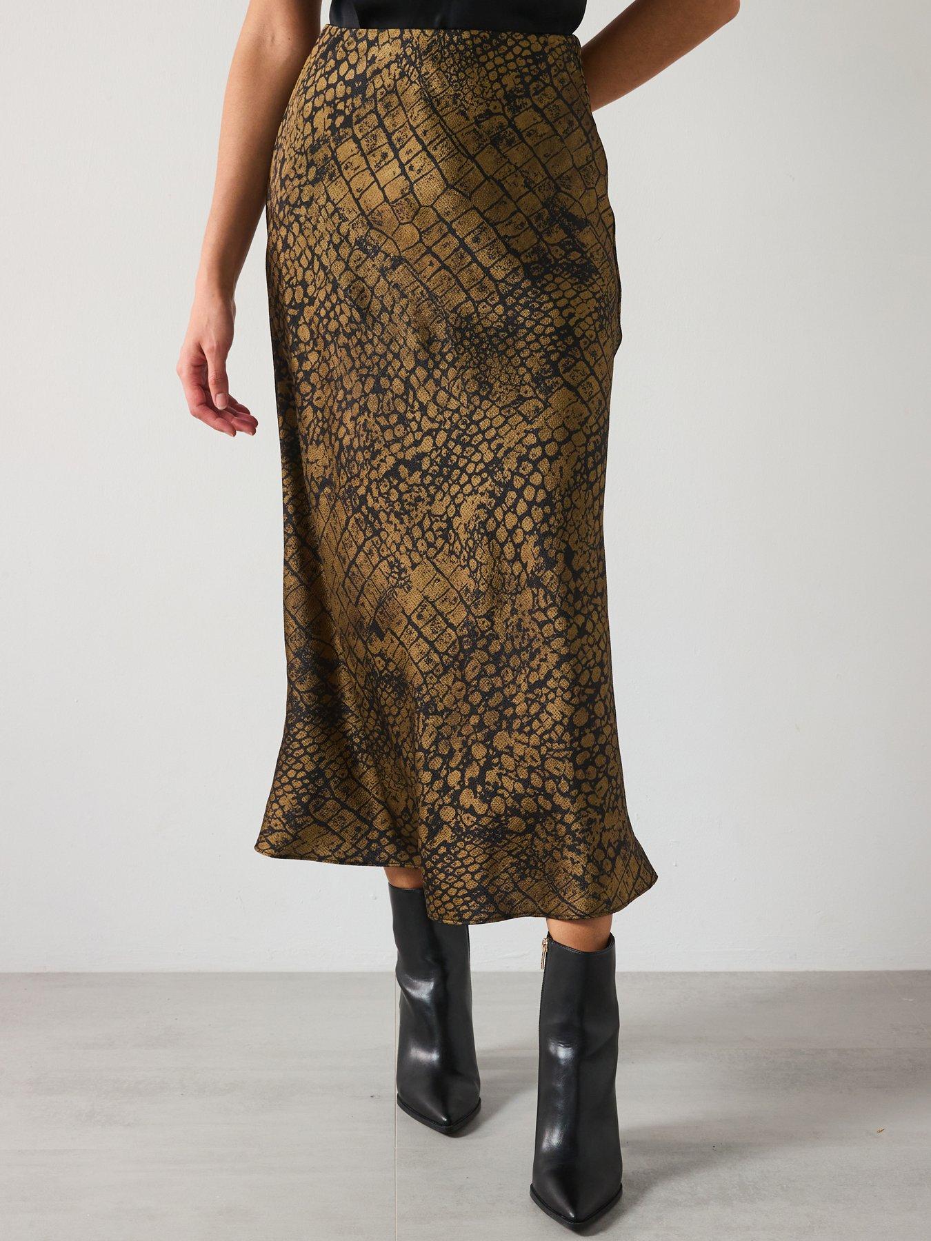 Image 1 of 6 of Mango Croc Print Satin Midi Skirt - Brown