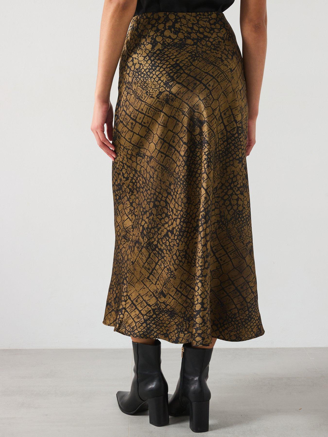 Image 2 of 6 of Mango Croc Print Satin Midi Skirt - Brown