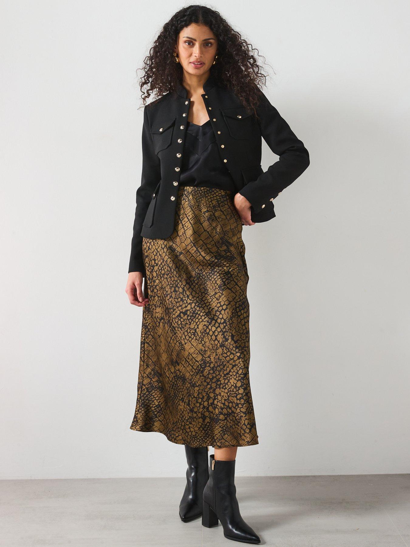 Image 3 of 6 of Mango Croc Print Satin Midi Skirt - Brown