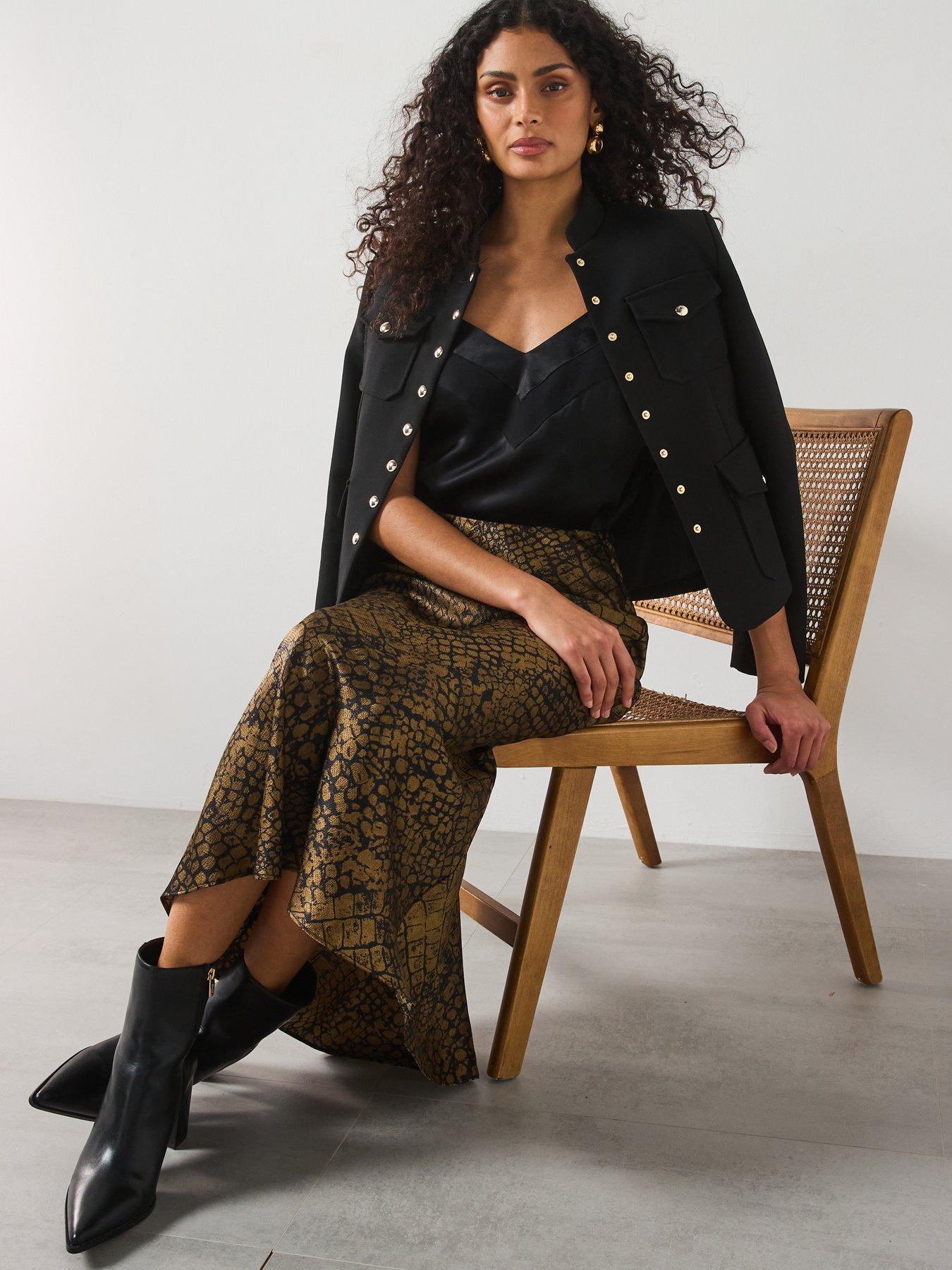 Image 5 of 6 of Mango Croc Print Satin Midi Skirt - Brown