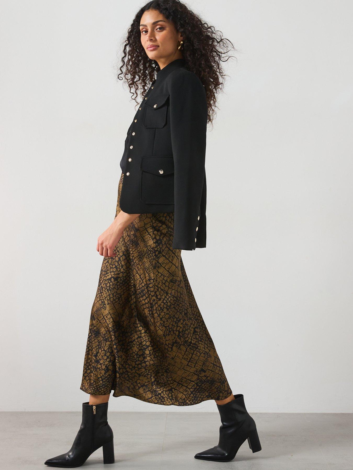 Image 6 of 6 of Mango Croc Print Satin Midi Skirt - Brown