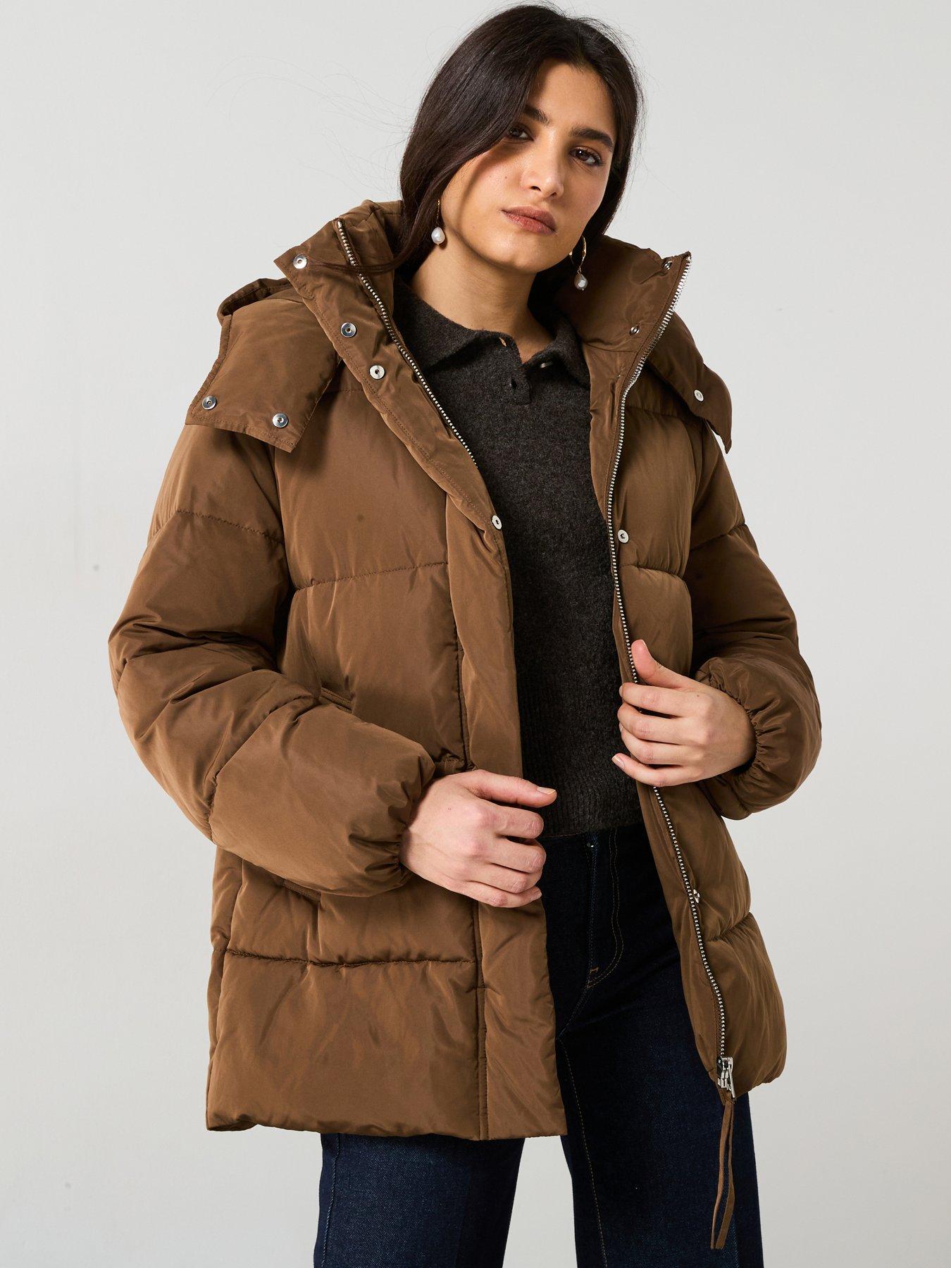 Image of Mango Quilted Midi Puffer Coat With Hood - Brown