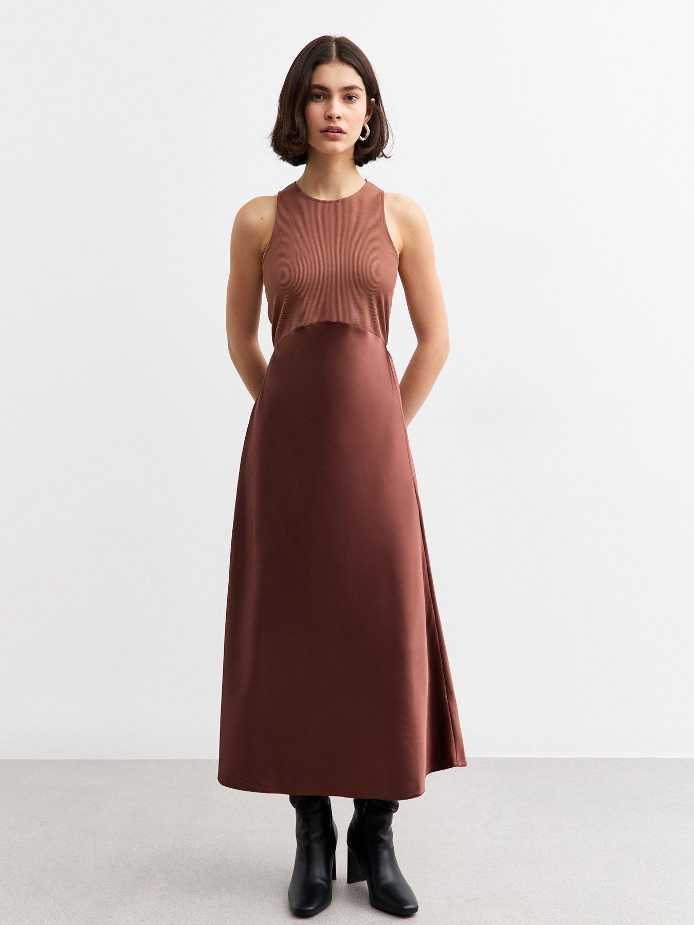 new-look-brown-satin-skirt-midi-dress