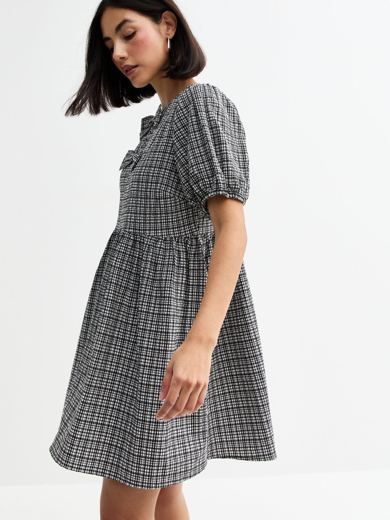 Image 1 of 4 of New Look Gingham Bow Front Mini Dress - Black