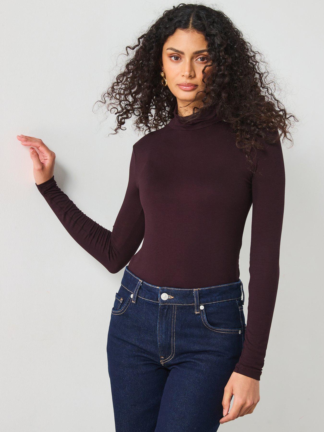 Image 1 of 6 of Mango High Neck Jersey Top - Burgundy