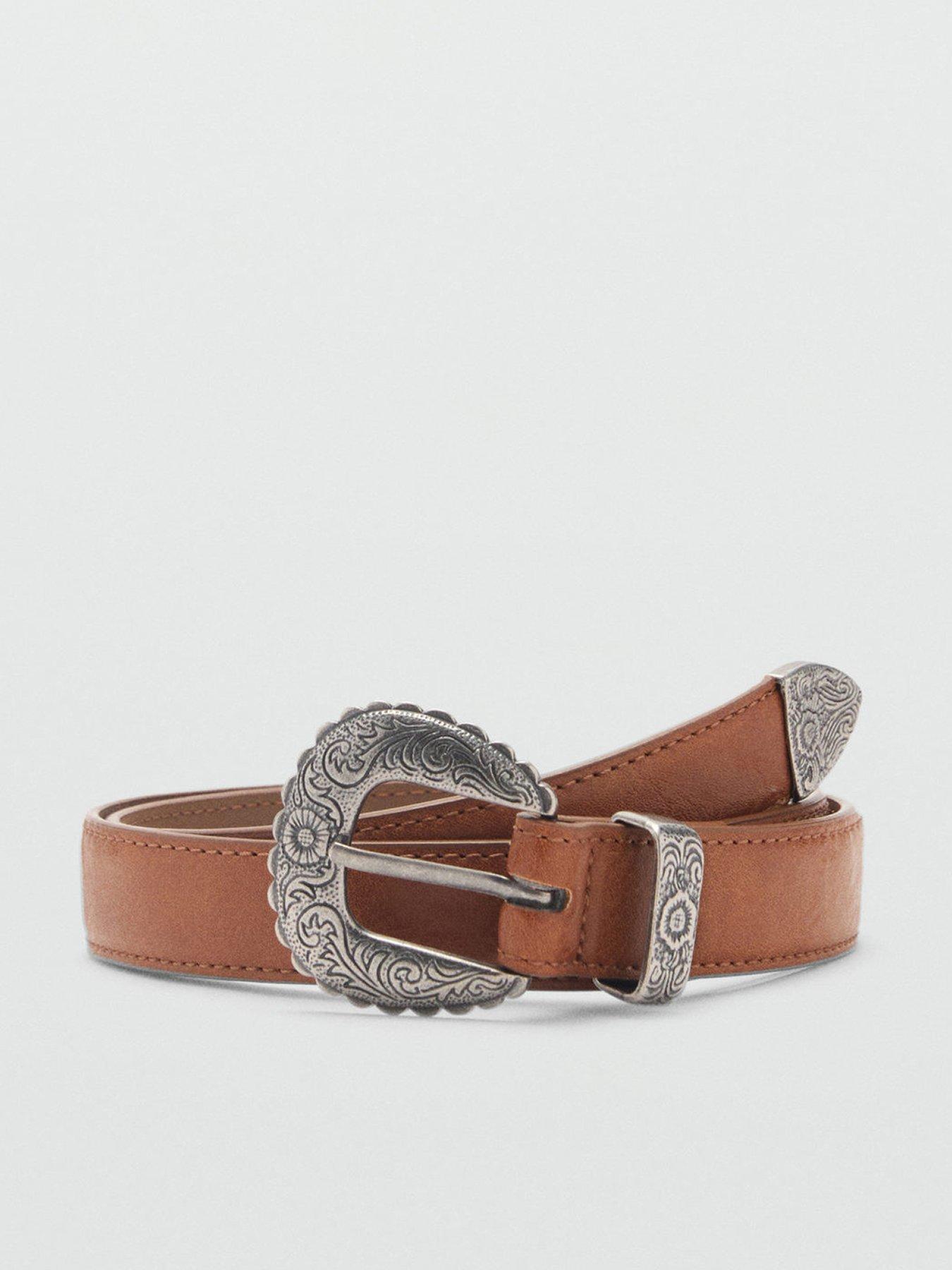 mango-embossed-buckle-belt-brown