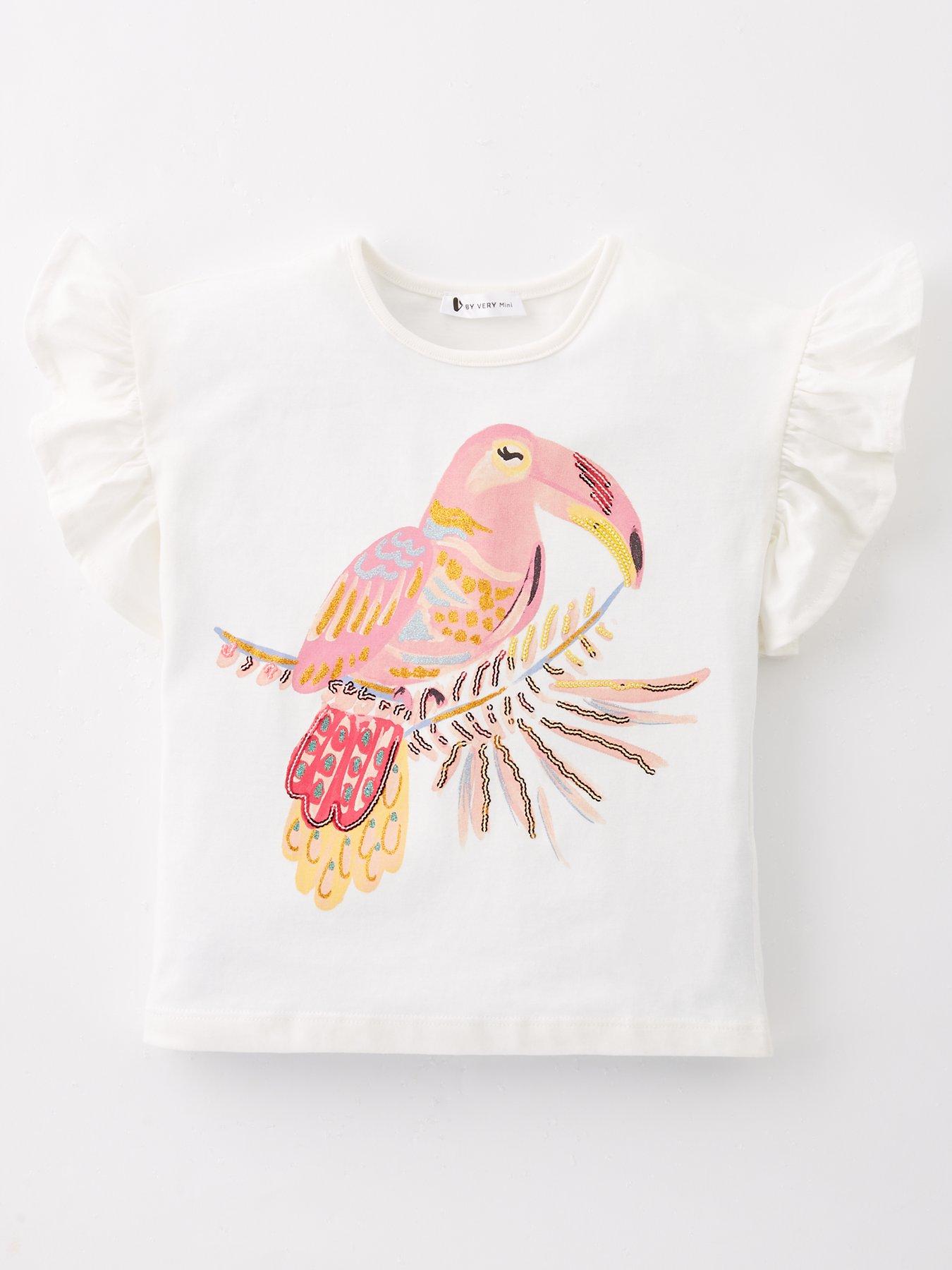 Mini V by Very Girls Toucan Embellished Frill Sleeve T-shirt - White