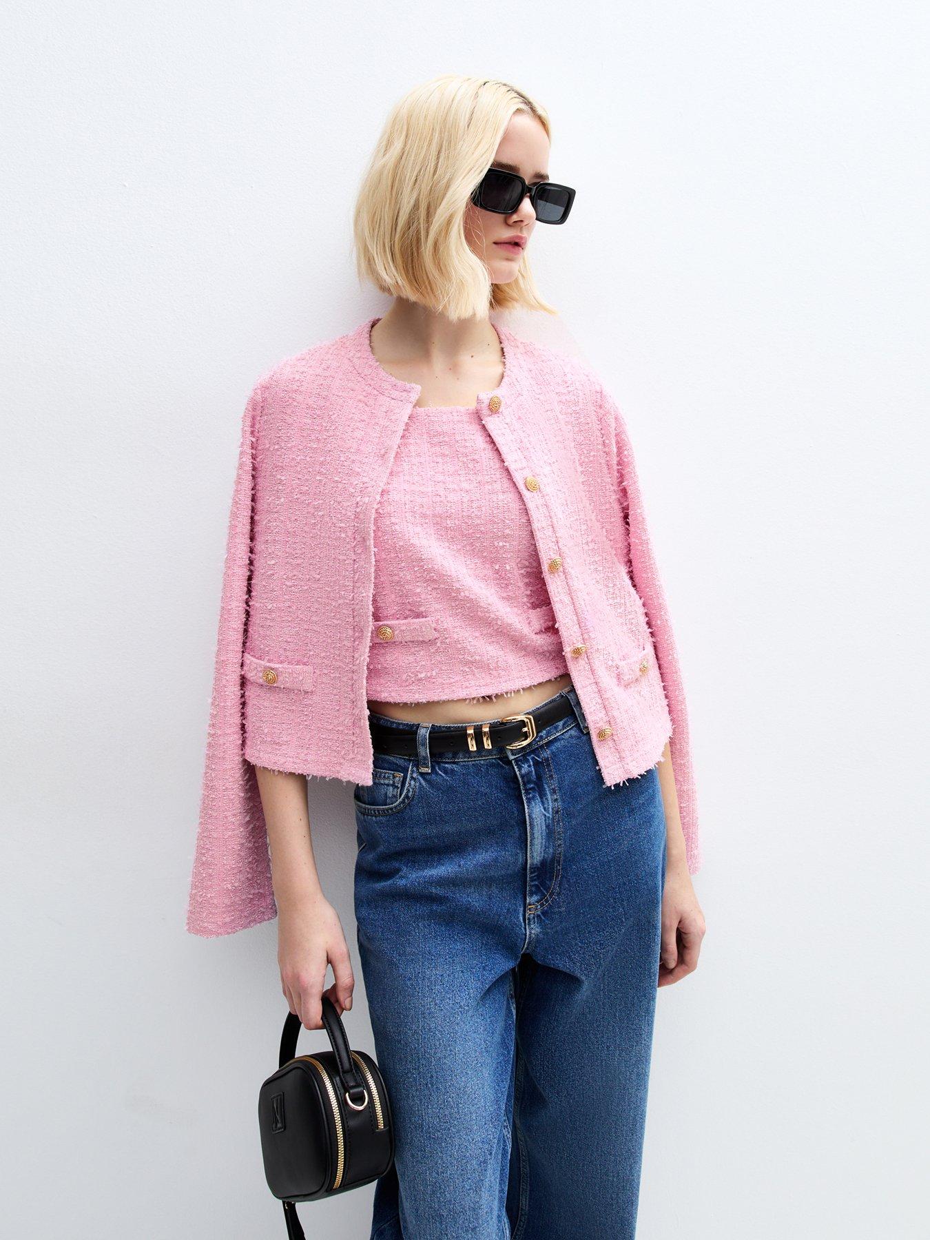 Image 1 of 5 of New Look Pink Textured Button Detail Cropped Vest