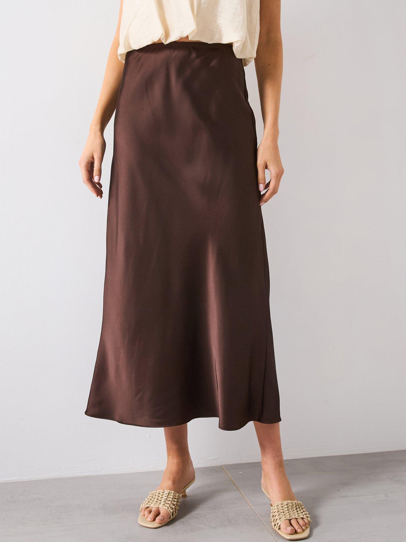 Image 1 of 4 of Mango Satin Midi Skirt- Brown