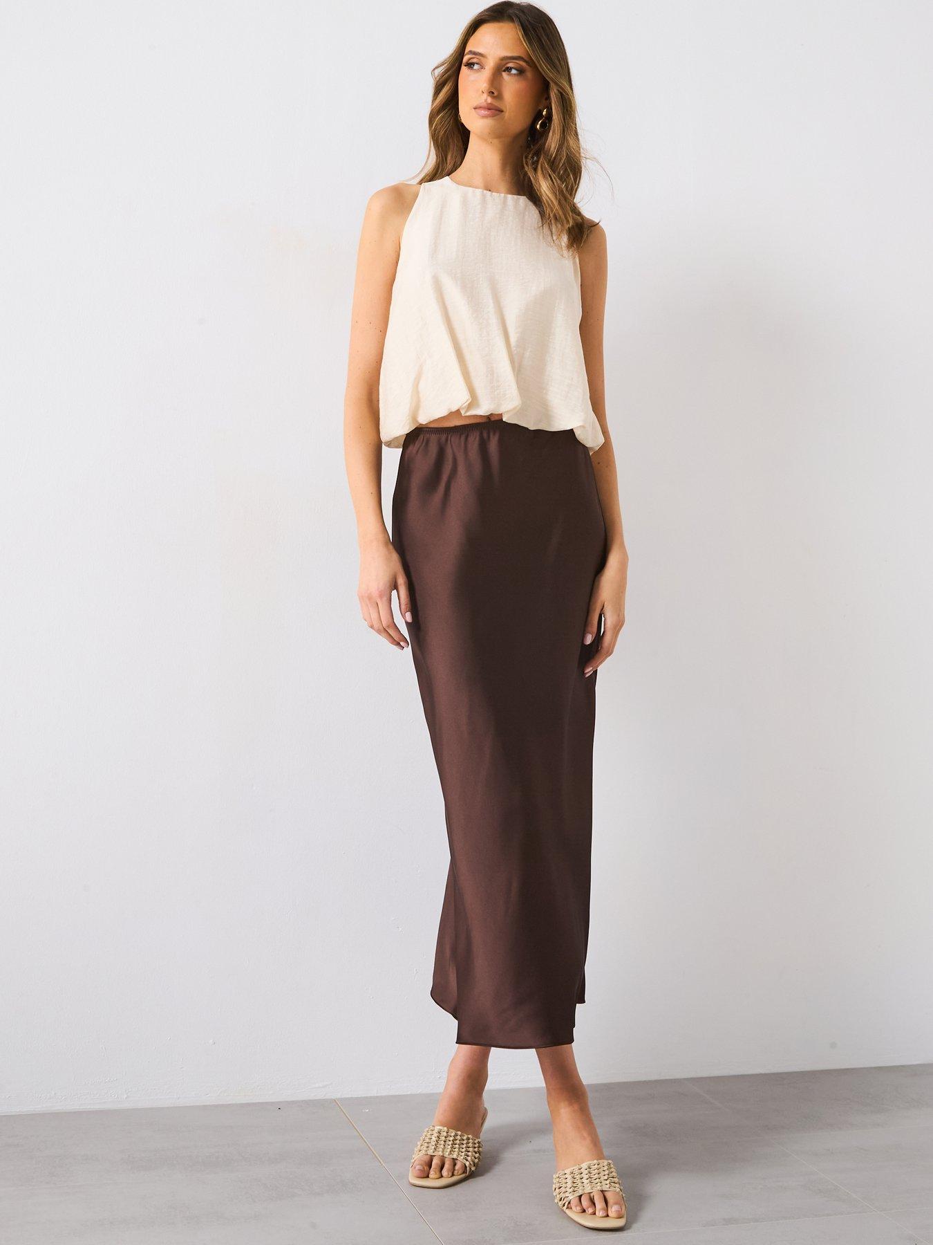 Image 3 of 4 of Mango Satin Midi Skirt- Brown