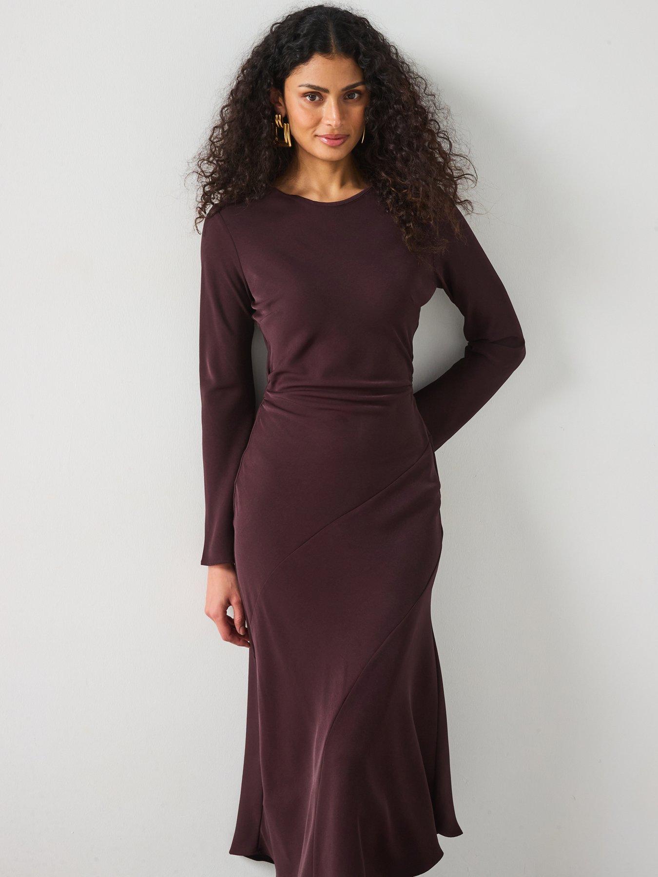 mango-ruched-midi-dress-brown