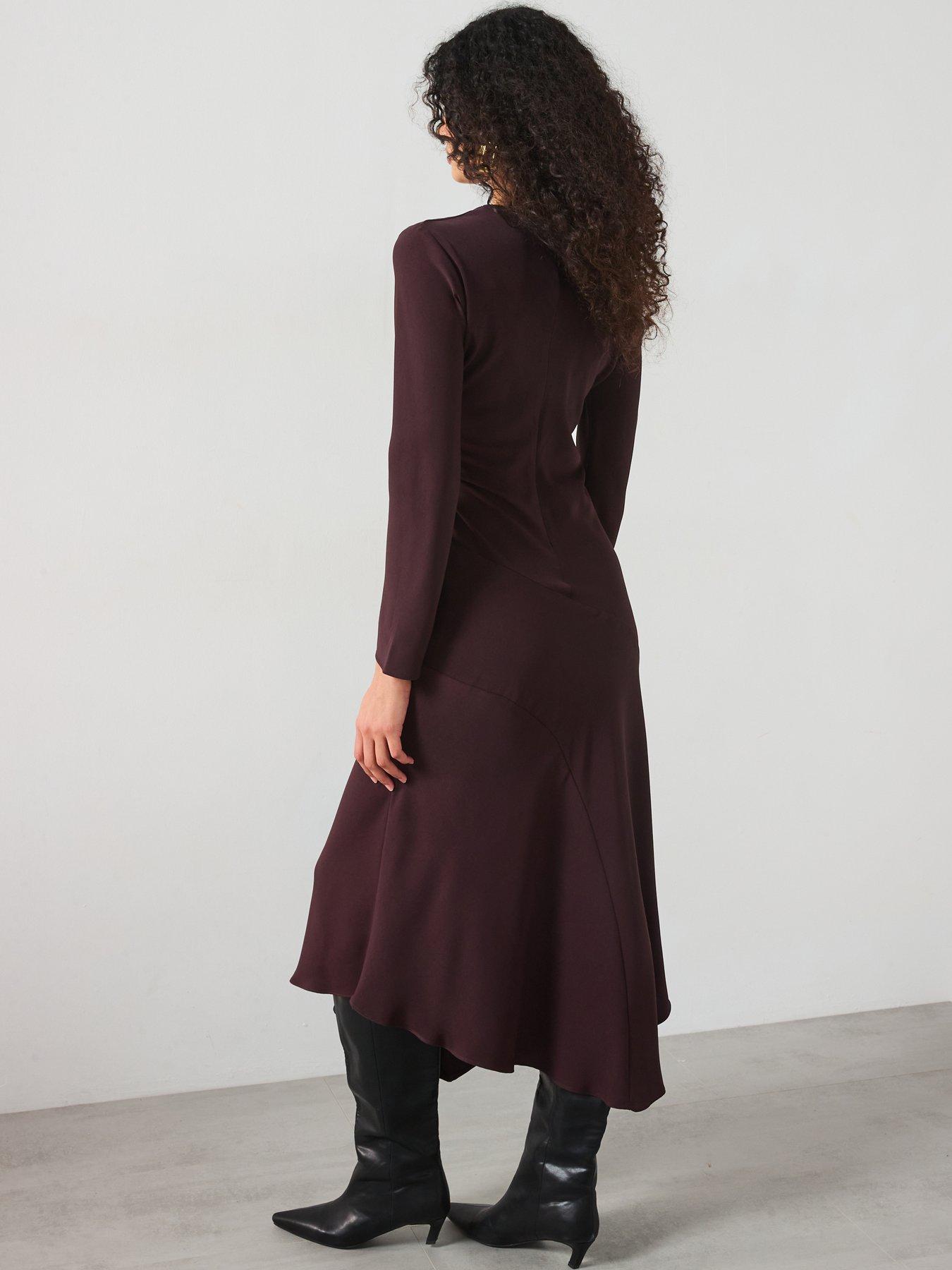 mango-ruched-midi-dress-brownstillFront