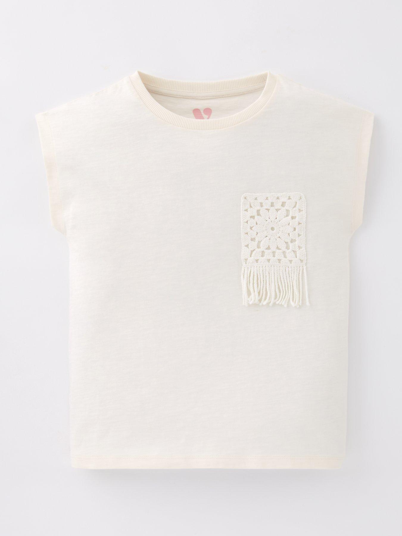 Image 1 of 4 of V by Very Girls Crochet Trim Pocket T-Shirt - Cream